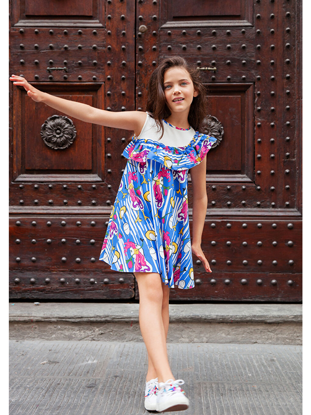 Mavi Horoz Desenli, Rahat Kalıp Kız Çocuk Elbise-1
