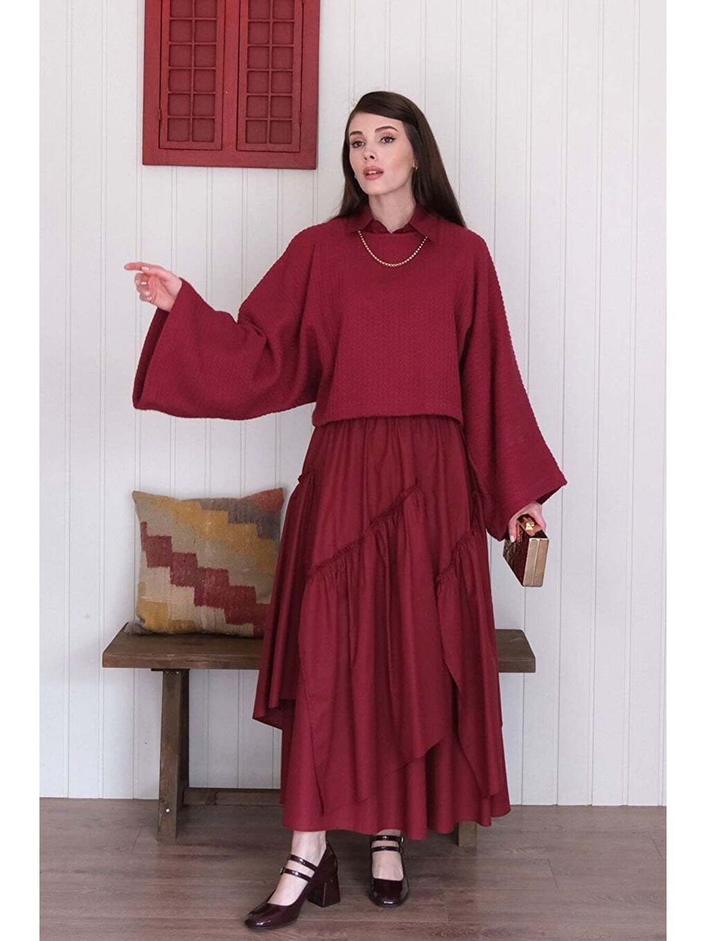 Bordo Yarasa Kol Triko Crop Bordo Kat Detay Bohem Etek-5