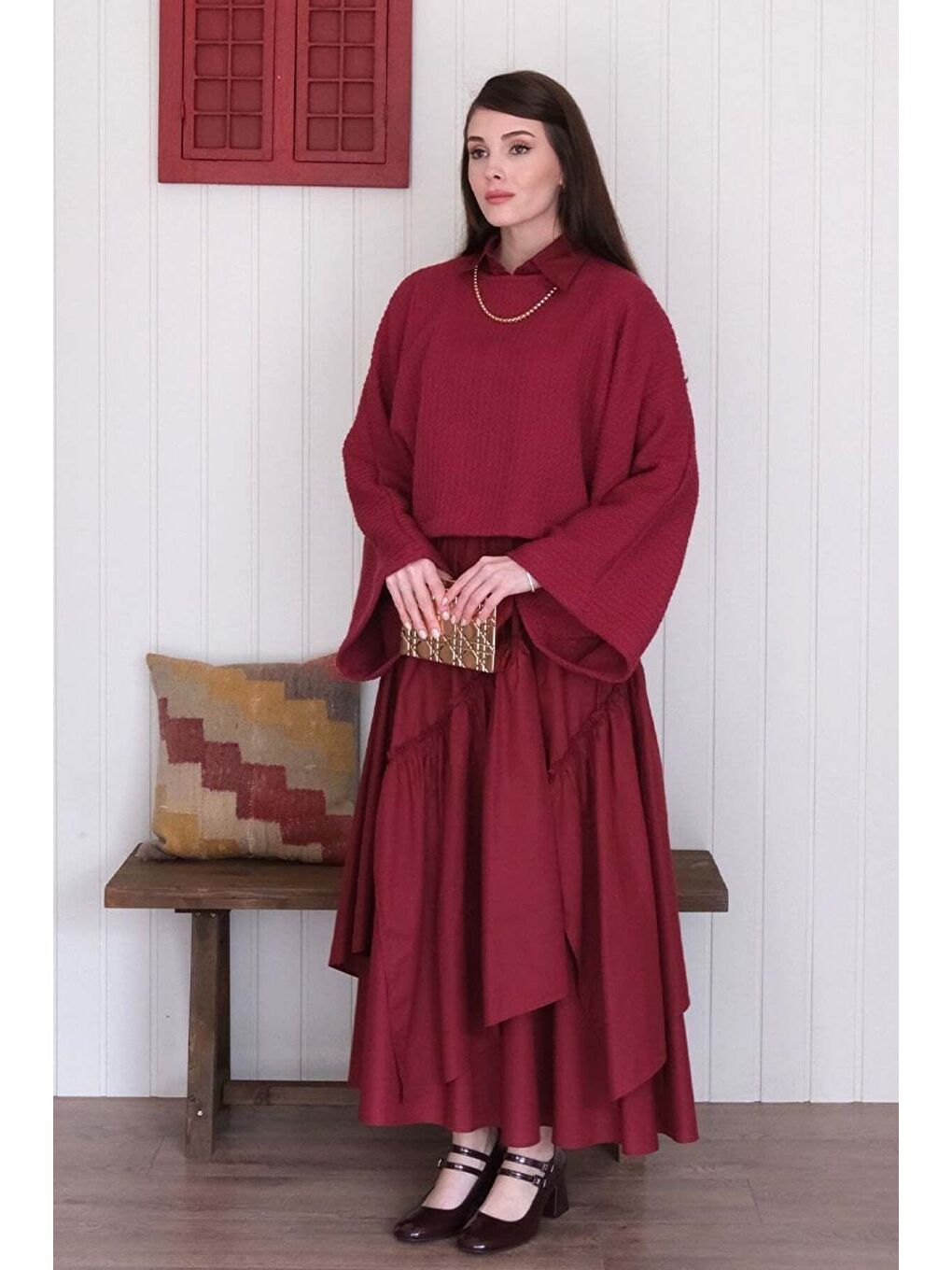 Bordo Yarasa Kol Triko Crop Bordo Kat Detay Bohem Etek-6