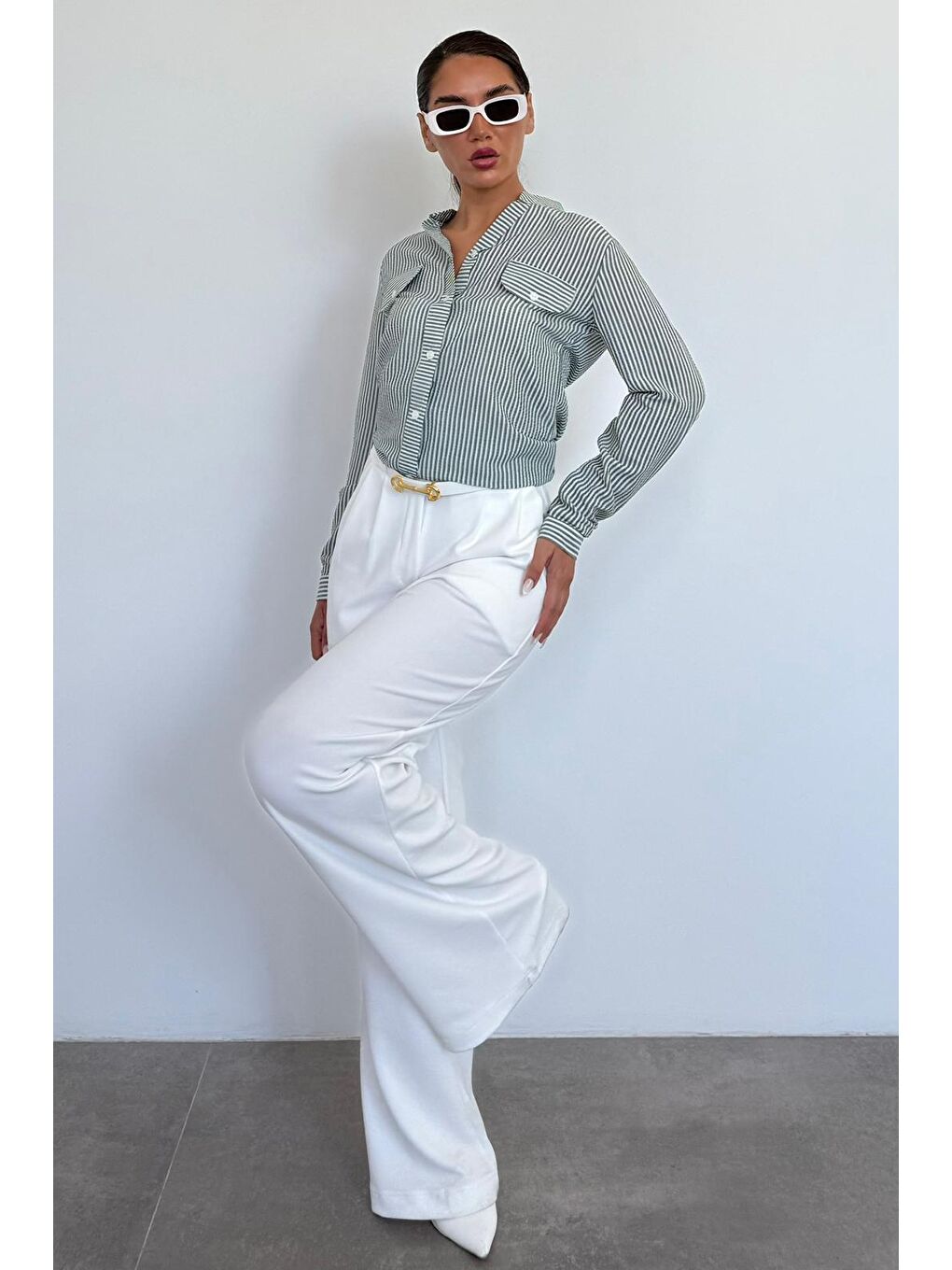 Yeşil Çizgili Gofre Kumaş Kadın Oversize Gömlek Mg1666-1