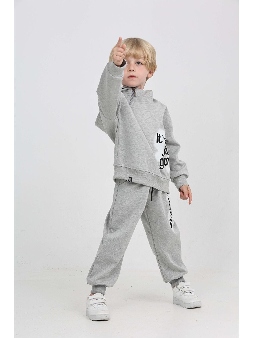 Gri Erkek Çocuk Yaka Fermuarlı Eşofman Takım-2