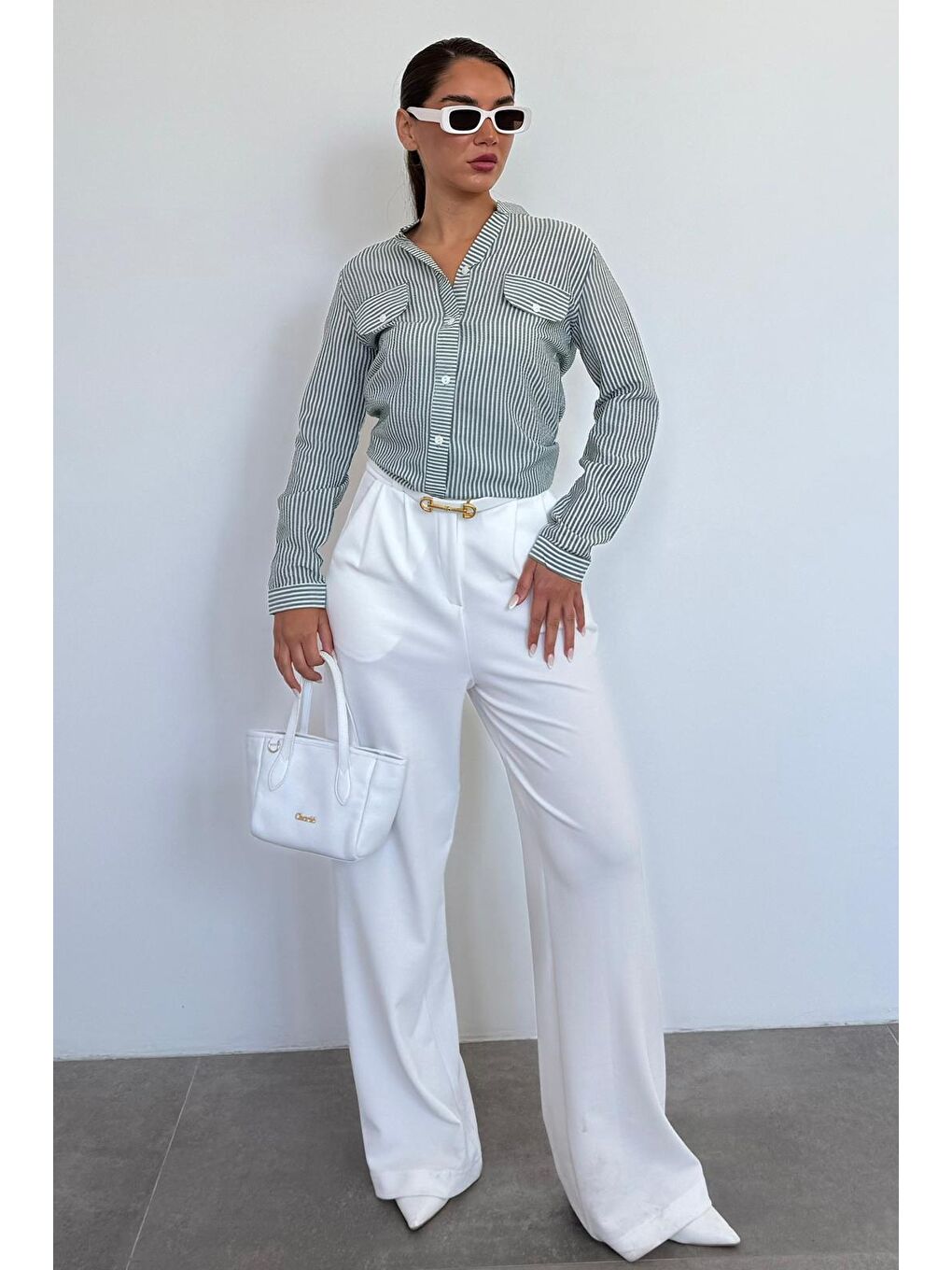 Yeşil Çizgili Gofre Kumaş Kadın Oversize Gömlek Mg1666-2