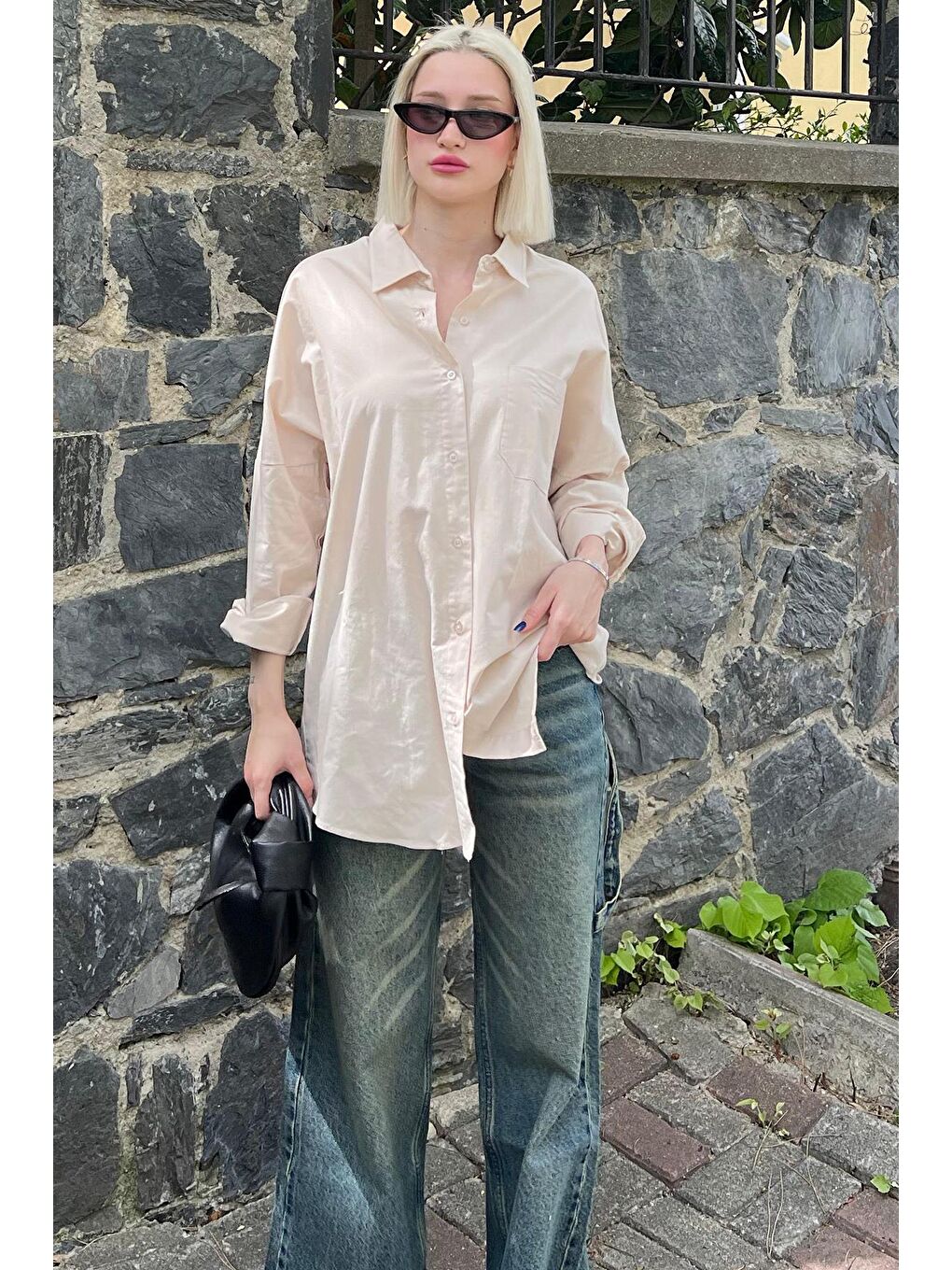 Bej Oversize Basic Cepli Poplin Gömlek Mg1530-2