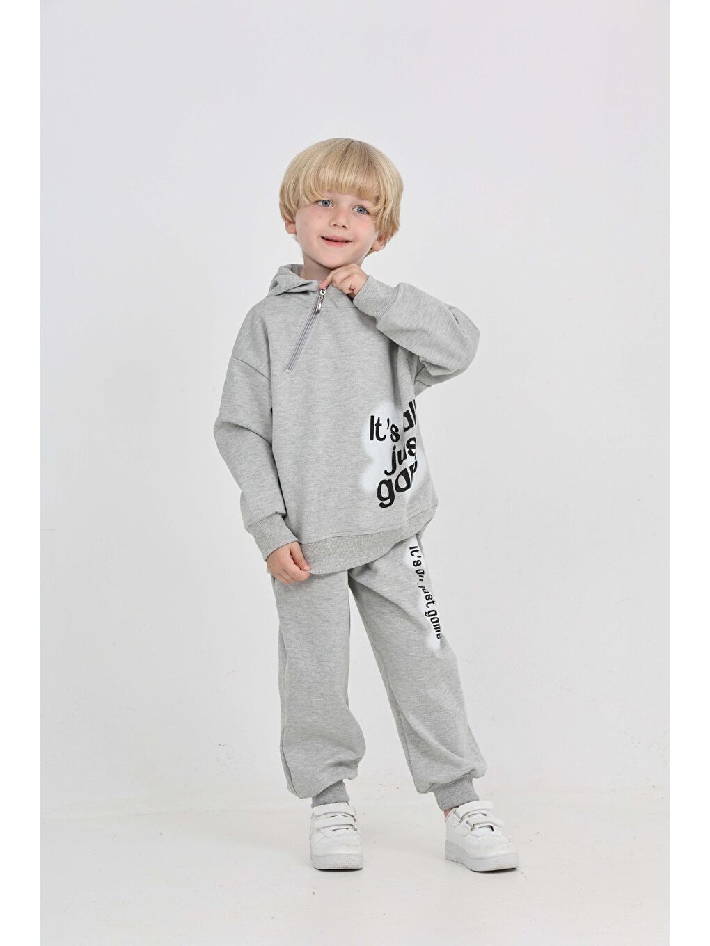 Gri Erkek Çocuk Yaka Fermuarlı Eşofman Takım-3