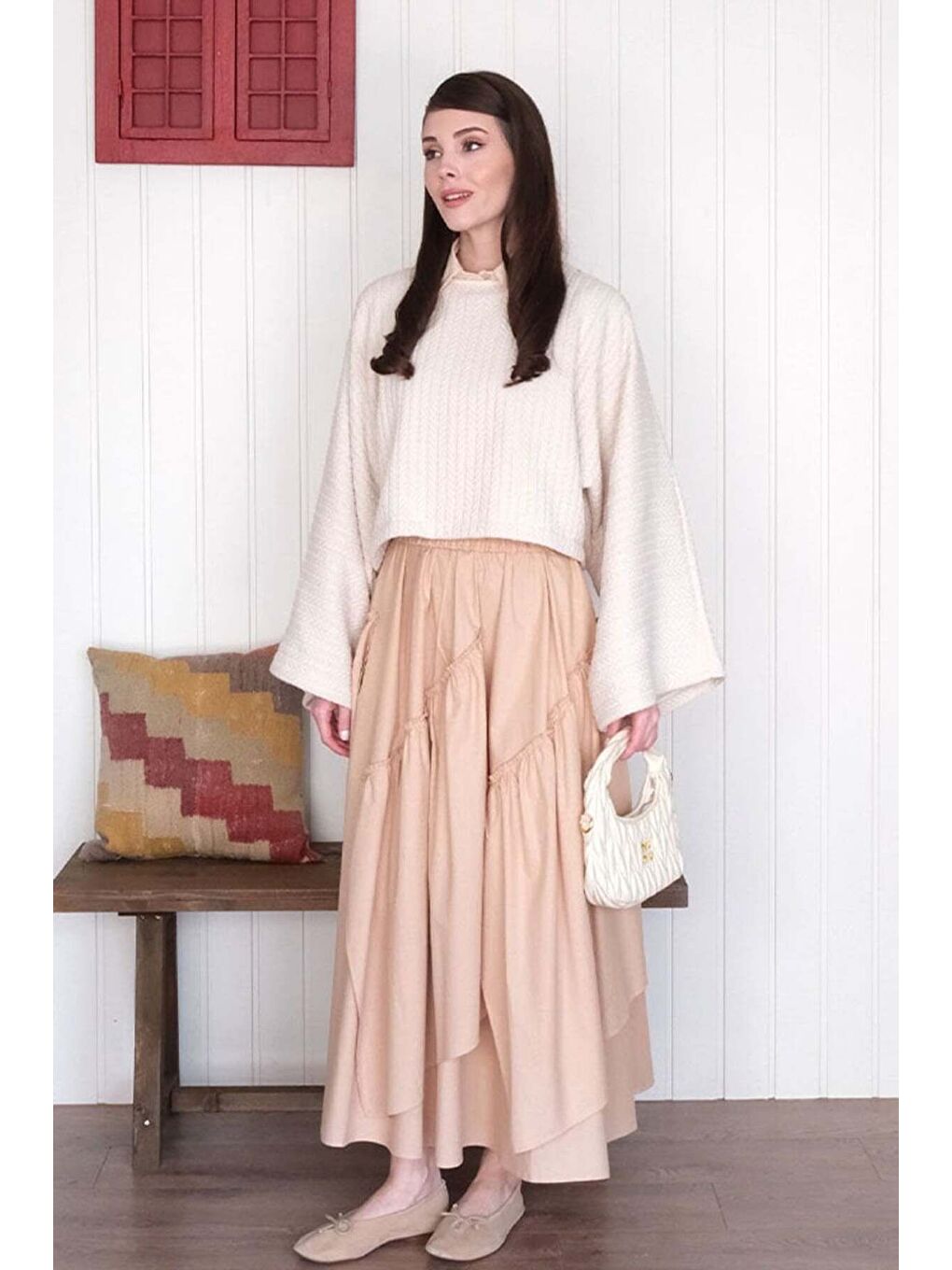 Ekru Krem Yarasa Kol Triko Crop Krem Kat Detay Bohem Etek