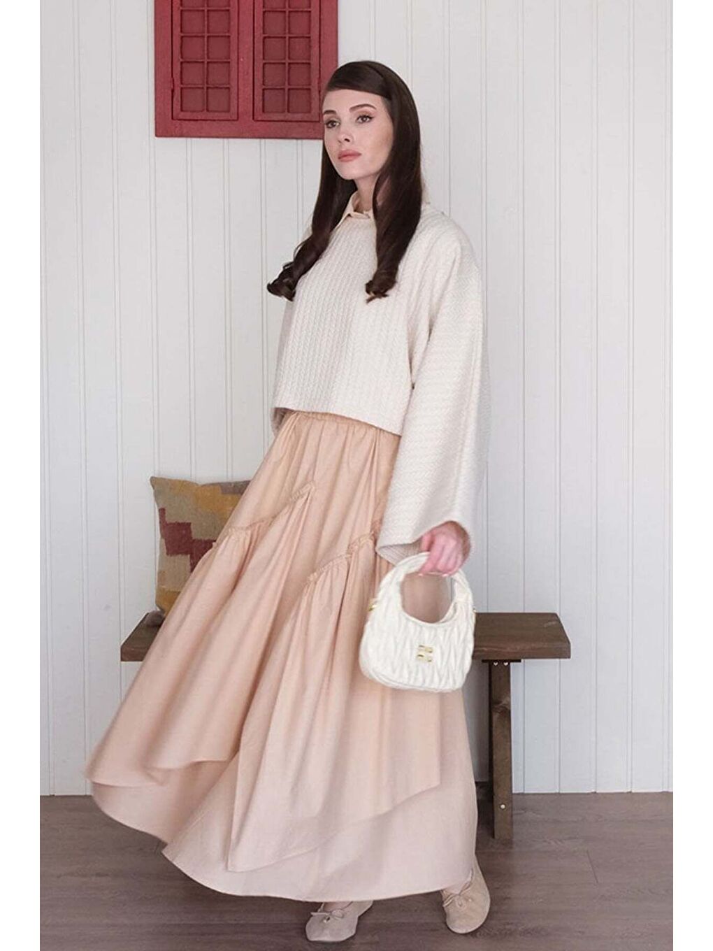 Ekru Krem Yarasa Kol Triko Crop Krem Kat Detay Bohem Etek-1