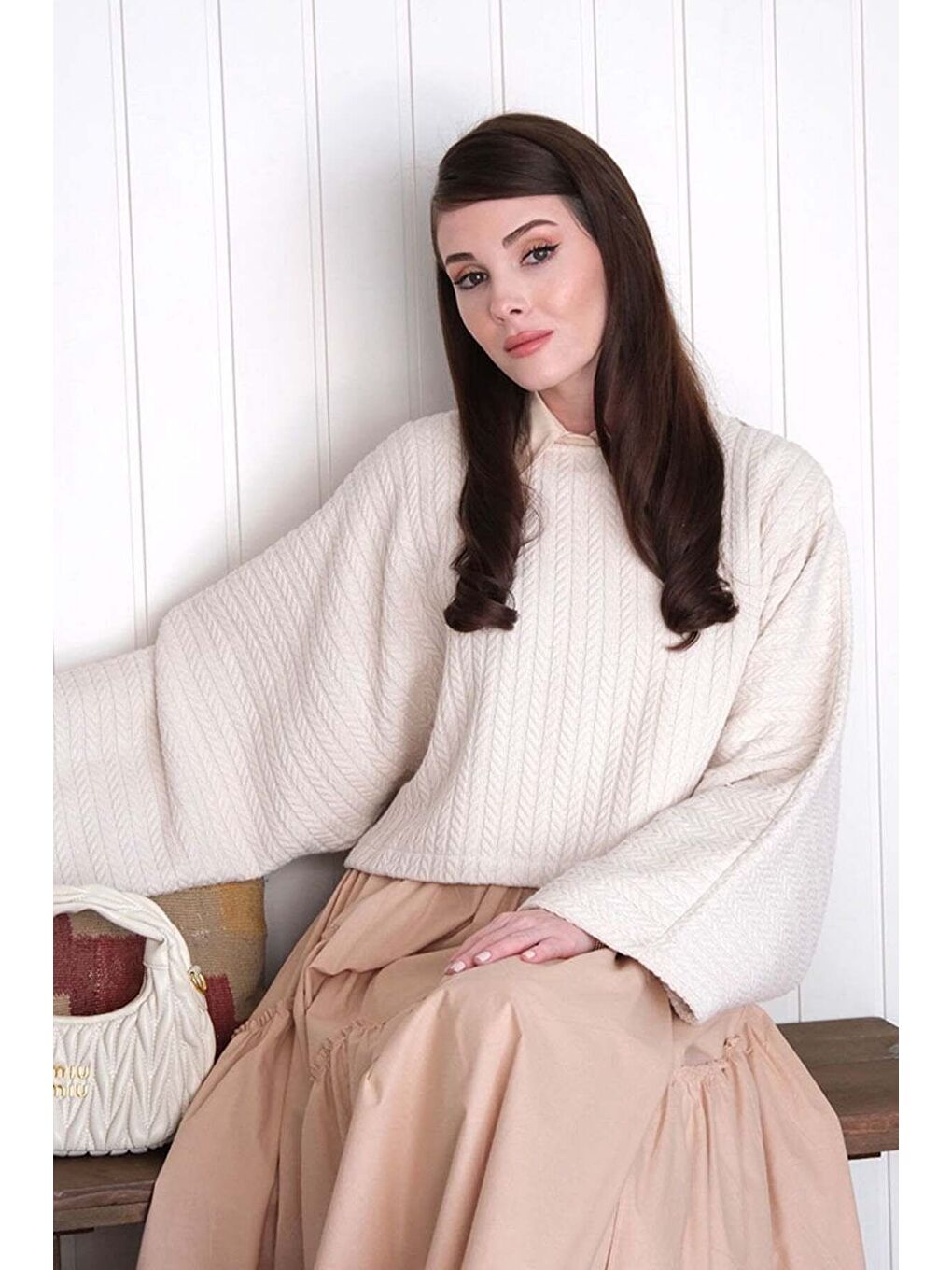 Ekru Krem Yarasa Kol Triko Crop Krem Kat Detay Bohem Etek-4