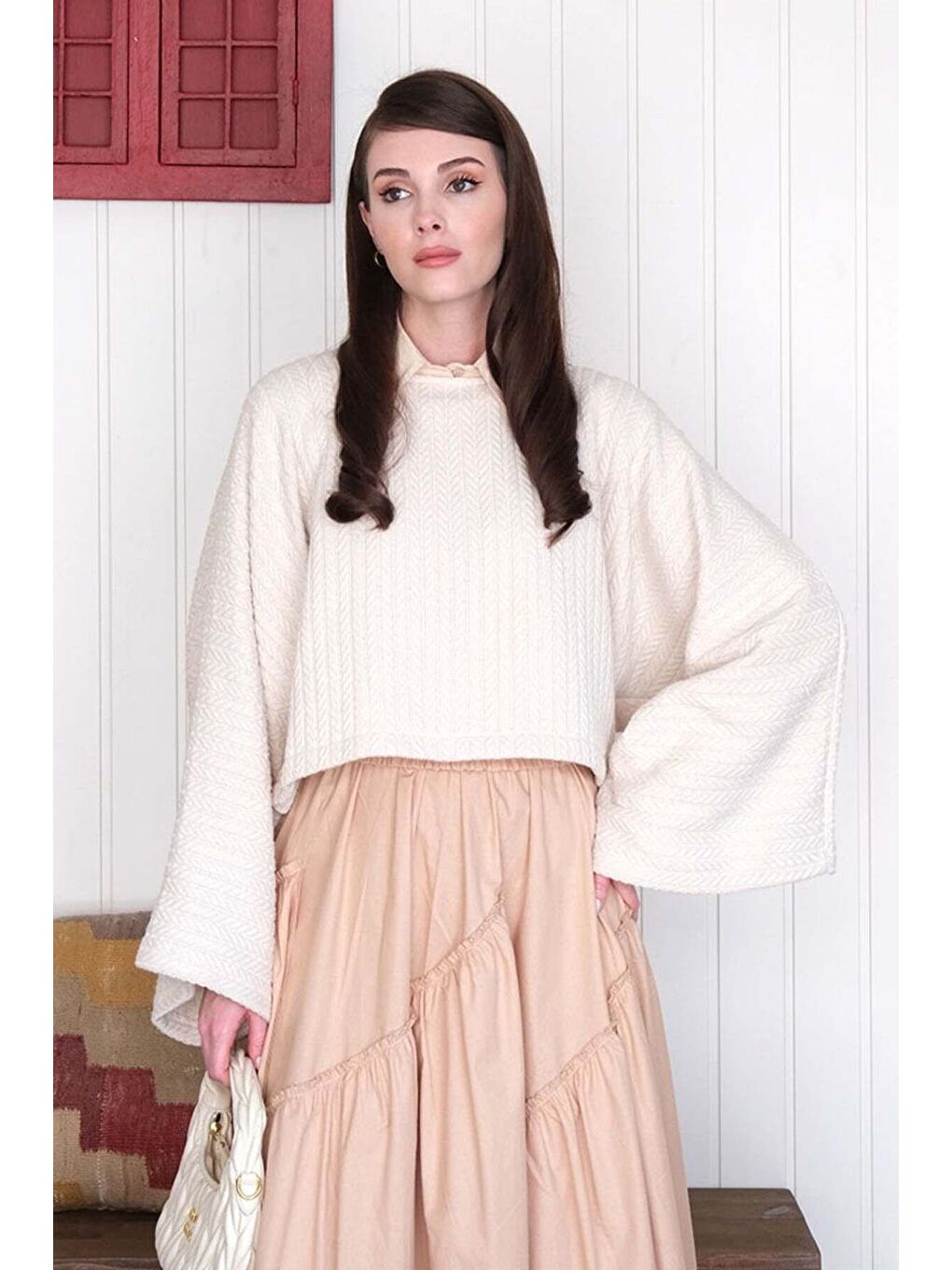 Ekru Krem Yarasa Kol Triko Crop Krem Kat Detay Bohem Etek-5