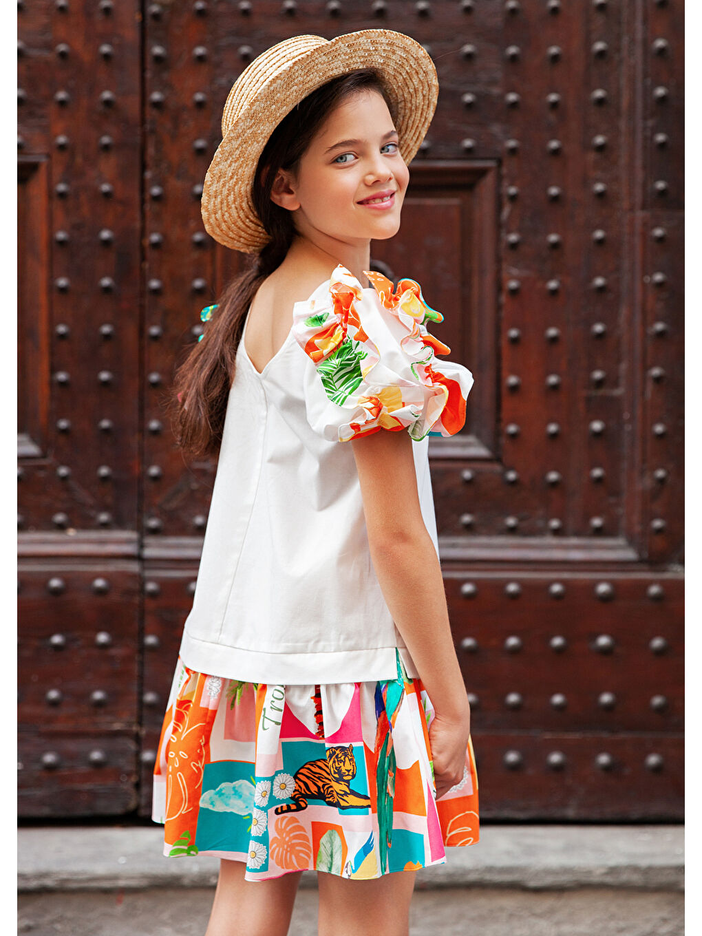 Beyaz Kısa Balon Kollu Pamuklu Kız Çocuk Elbise-1