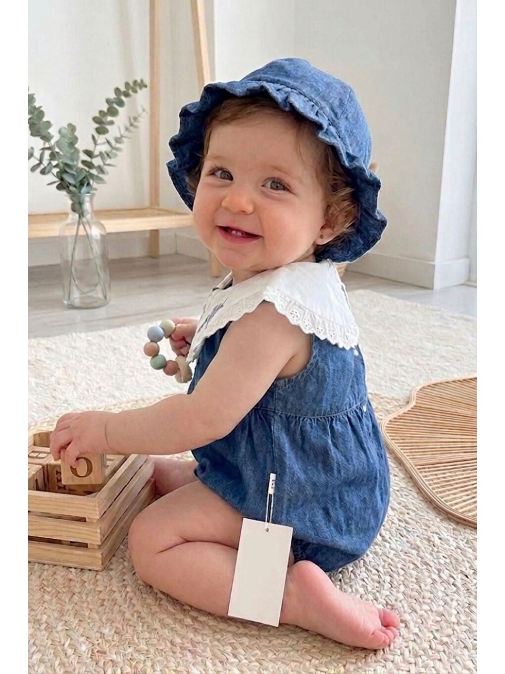 Mavi Nakışlı Bebe Yaka Jean Bebek Tulumu Ve Şapka Takımı-1