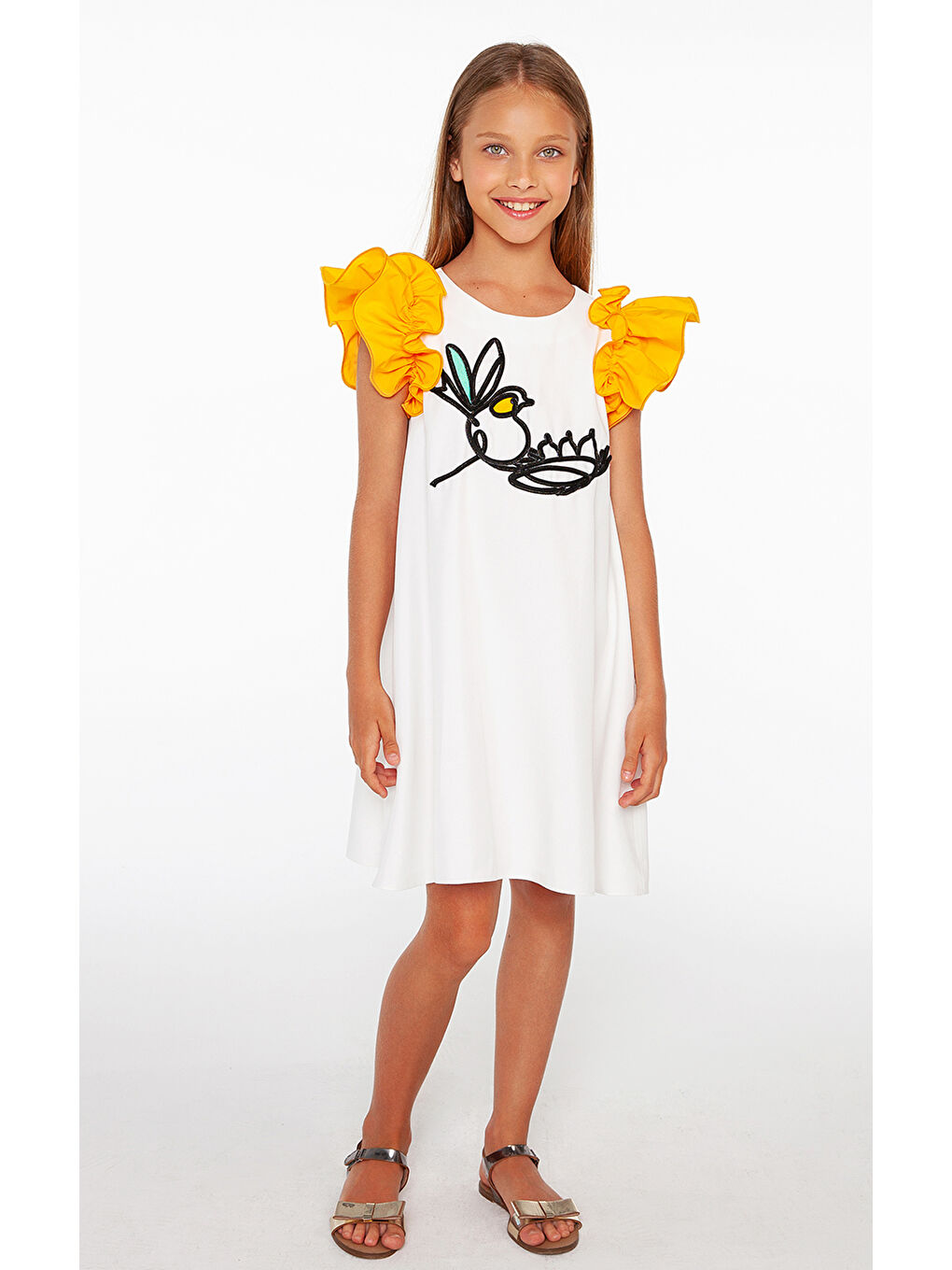 Beyaz Kuş Aplike Detaylı Kız Çocuk Elbise