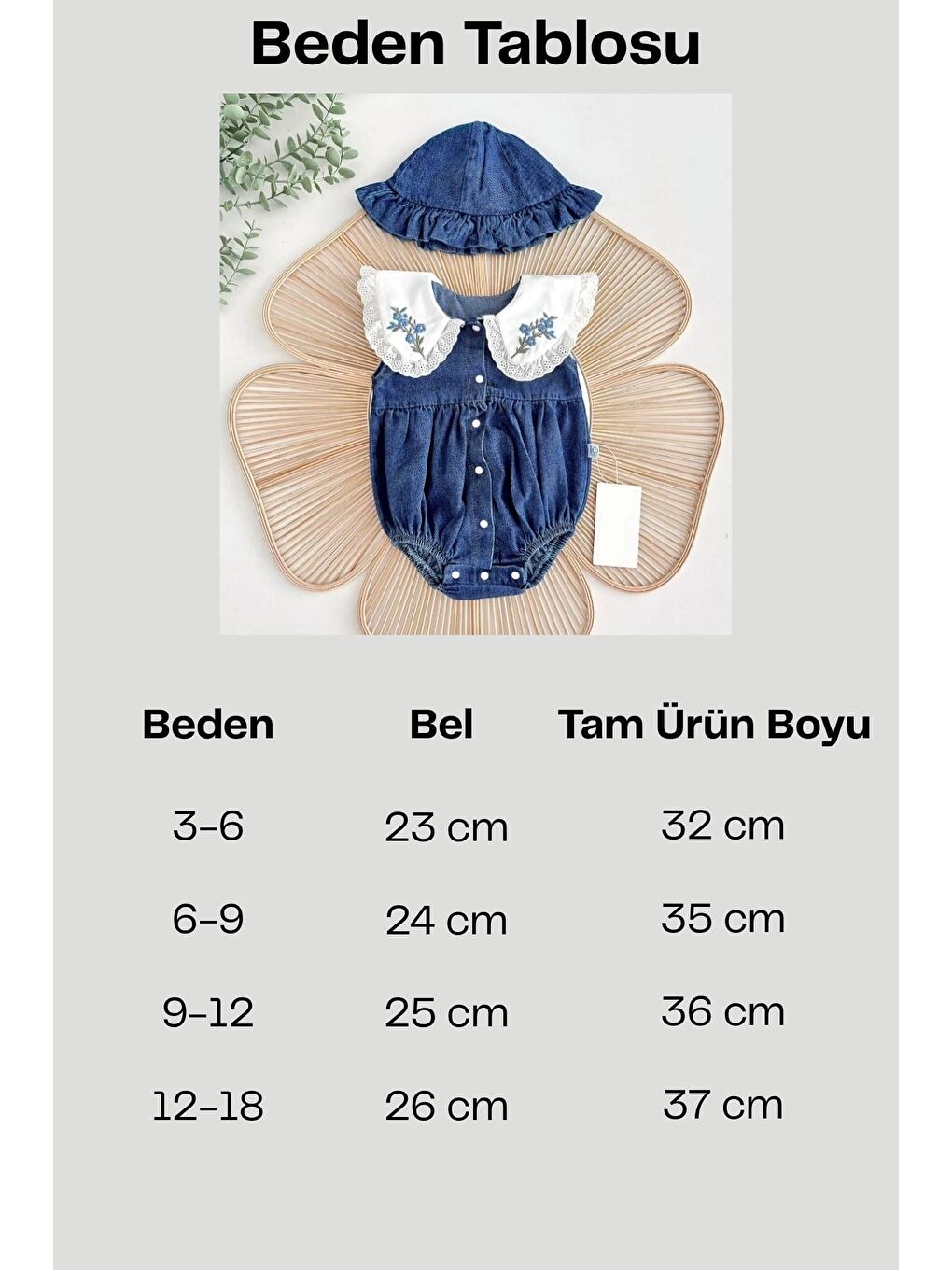 Mavi Nakışlı Bebe Yaka Jean Bebek Tulumu Ve Şapka Takımı-2