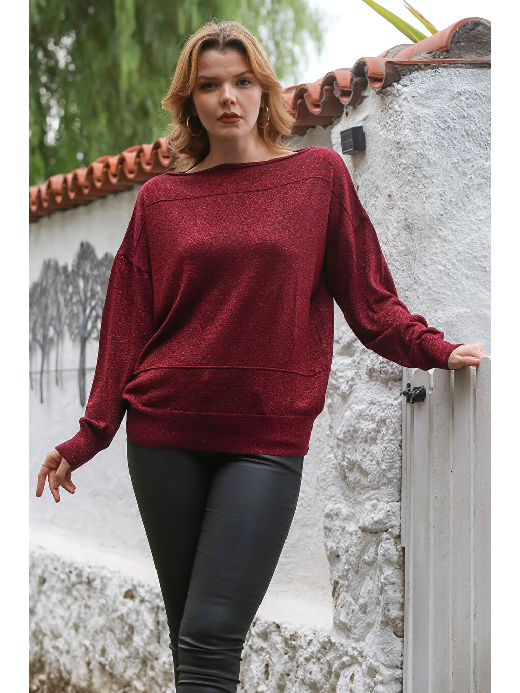 Bordo Kayık Yaka Yarasa Kol İnce Boncuklu Triko Bluz 70 70-2