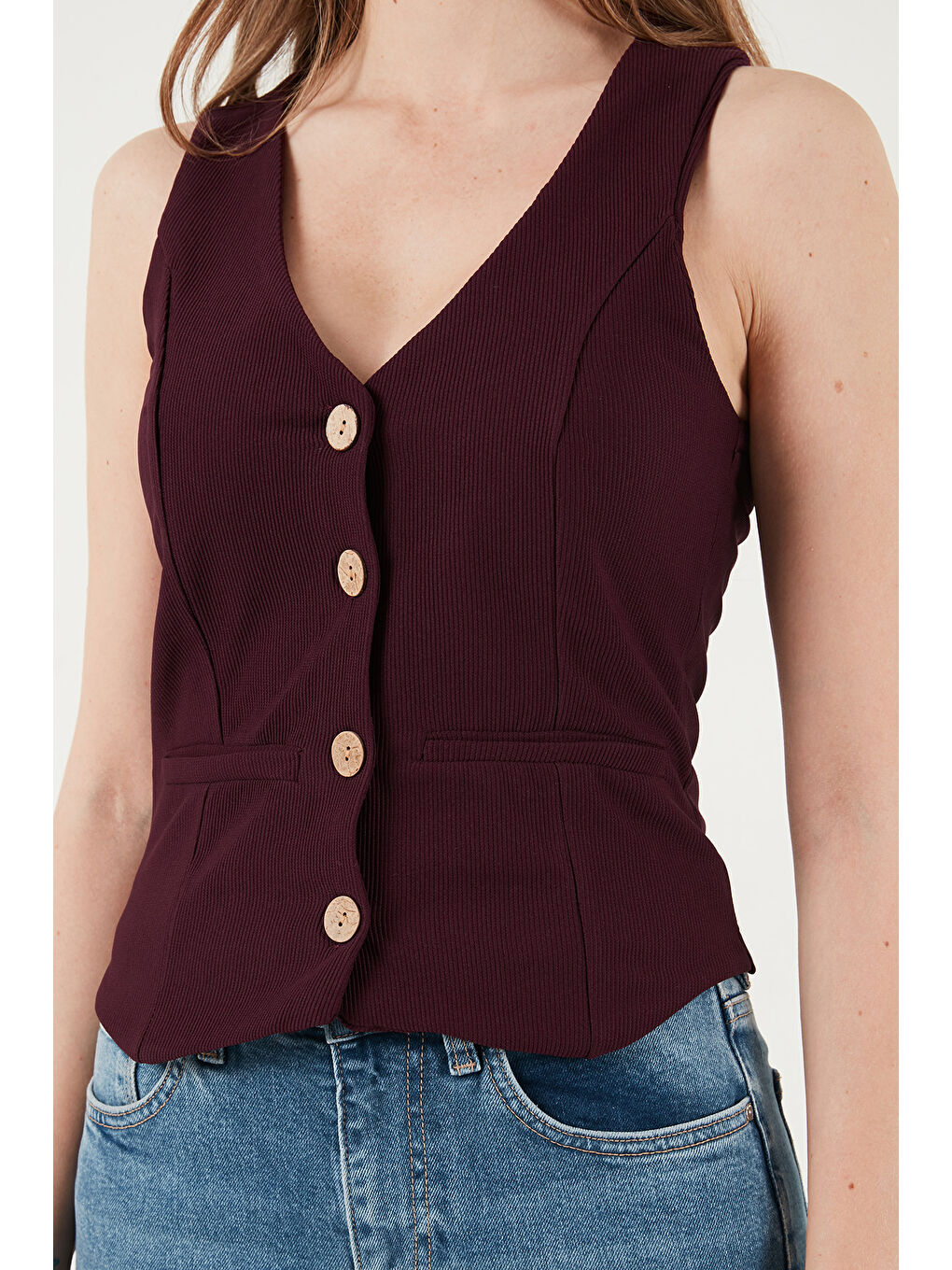 Mürdüm Fittili Regular Fit V Yaka Düğmeli Kadın Yelek 5866559-5