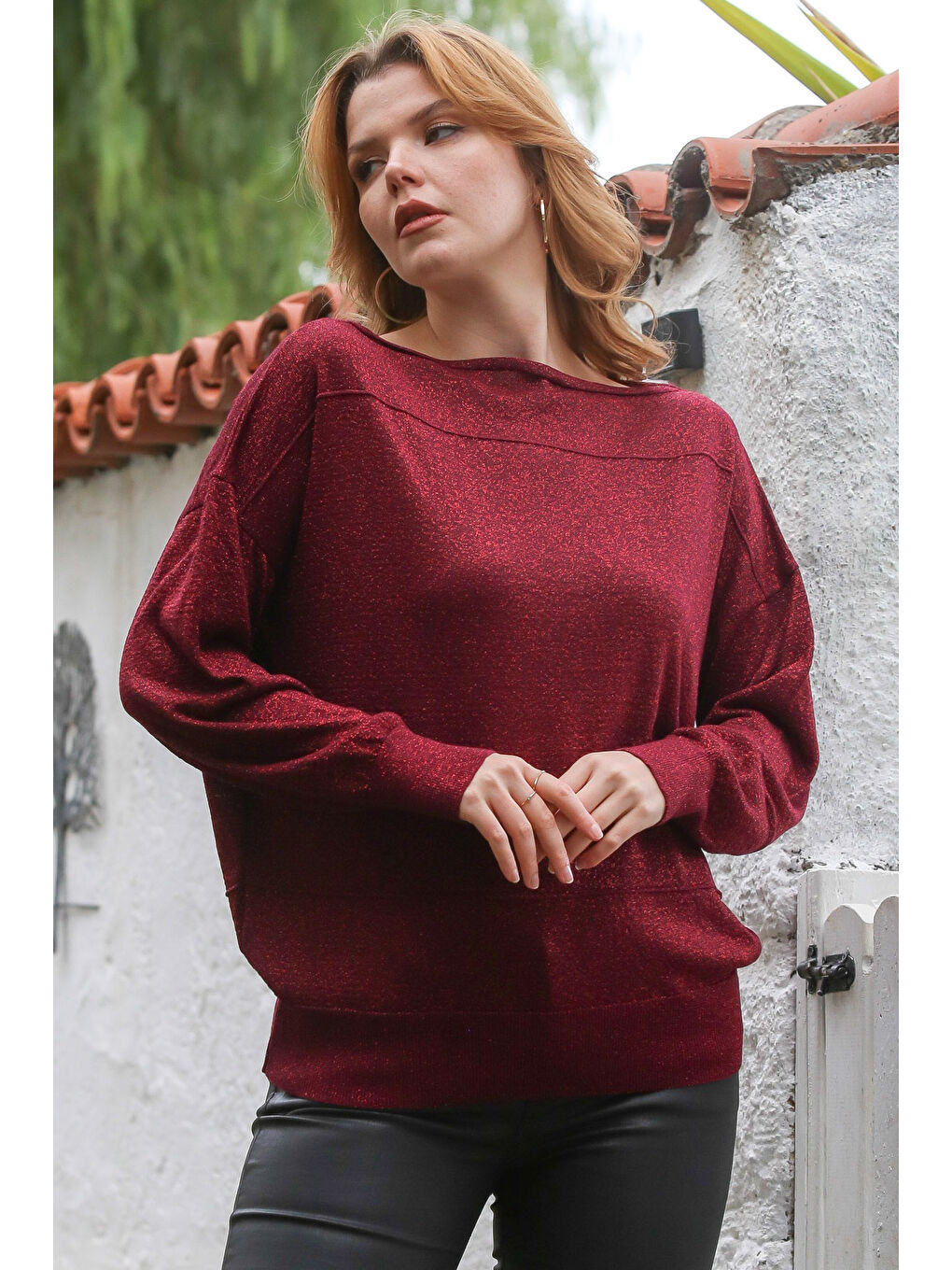 Bordo Kayık Yaka Yarasa Kol İnce Boncuklu Triko Bluz 70 70-3