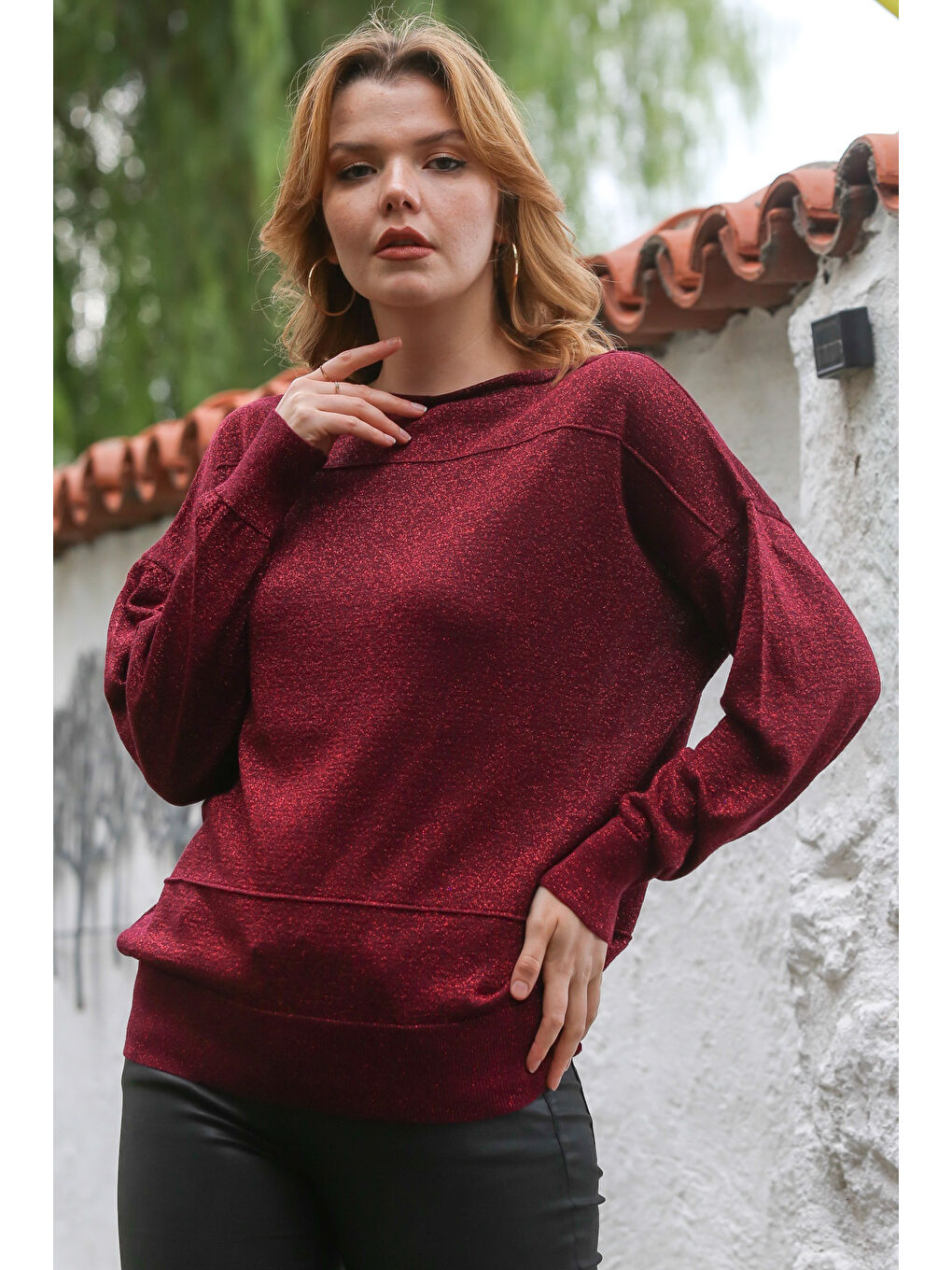 Bordo Kayık Yaka Yarasa Kol İnce Boncuklu Triko Bluz 70 70-4