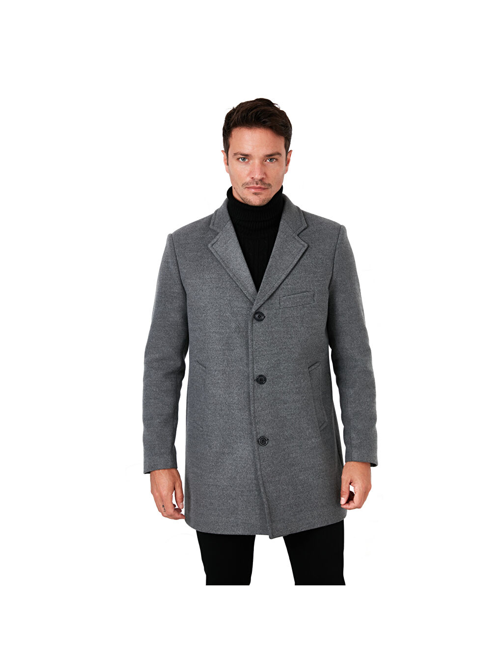 Gri Slim Fit Tek Yırtmaçlı Düğmeli Mono Yaka Kaşe Erkek Kaban 5840098-6