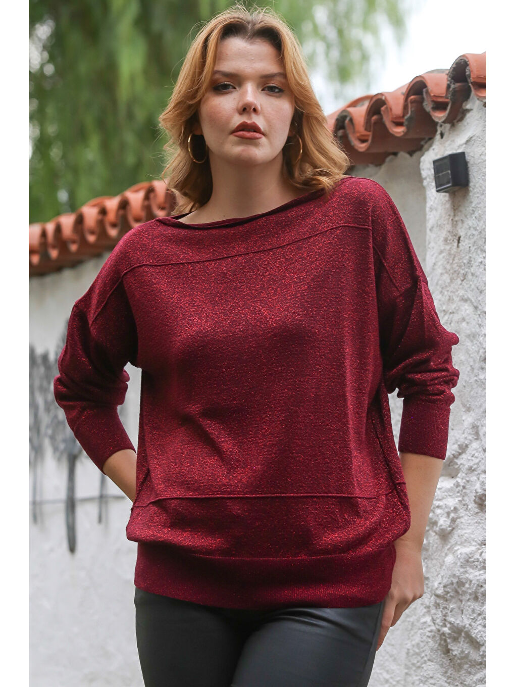 Bordo Kayık Yaka Yarasa Kol İnce Boncuklu Triko Bluz 70 70-5