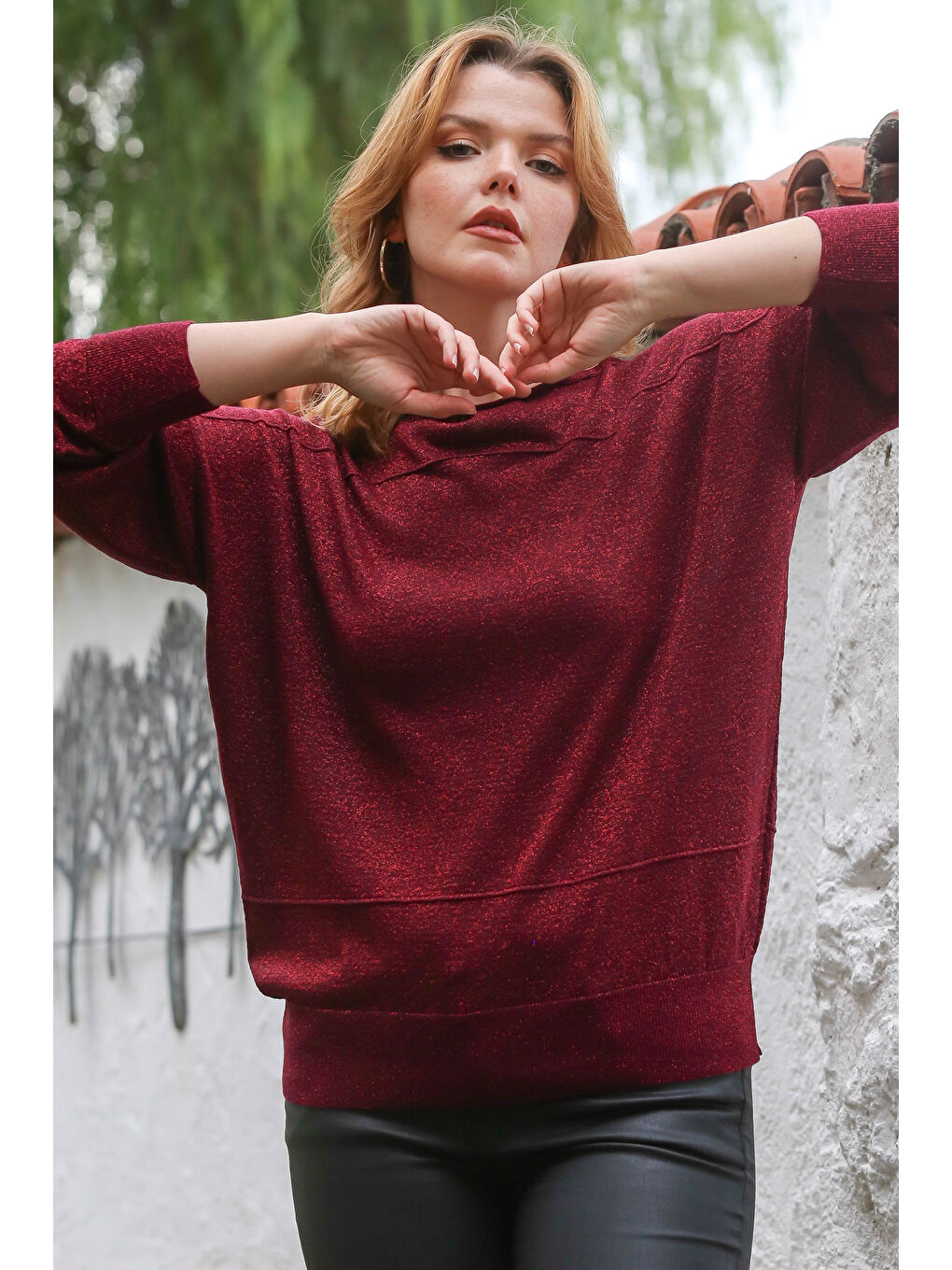 Bordo Kayık Yaka Yarasa Kol İnce Boncuklu Triko Bluz 70 70-6