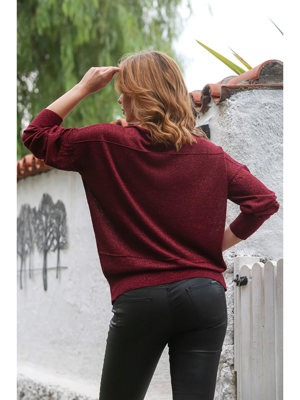 Bordo Kayık Yaka Yarasa Kol İnce Boncuklu Triko Bluz 70 70-7