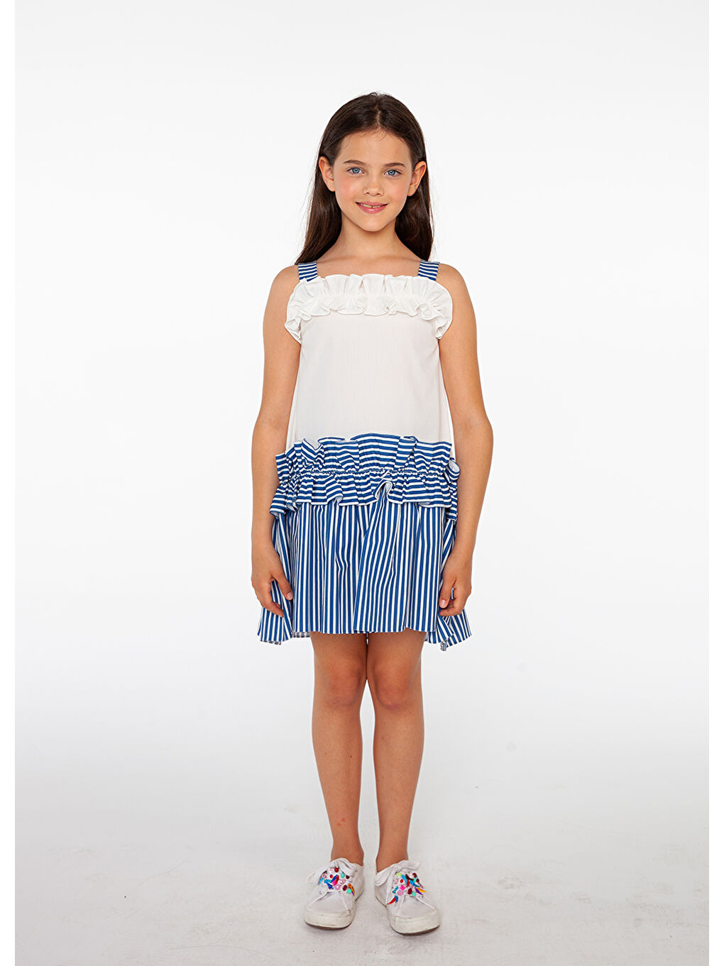 Mavi Askılı Marin Pamuklu Kız Çocuk Elbise