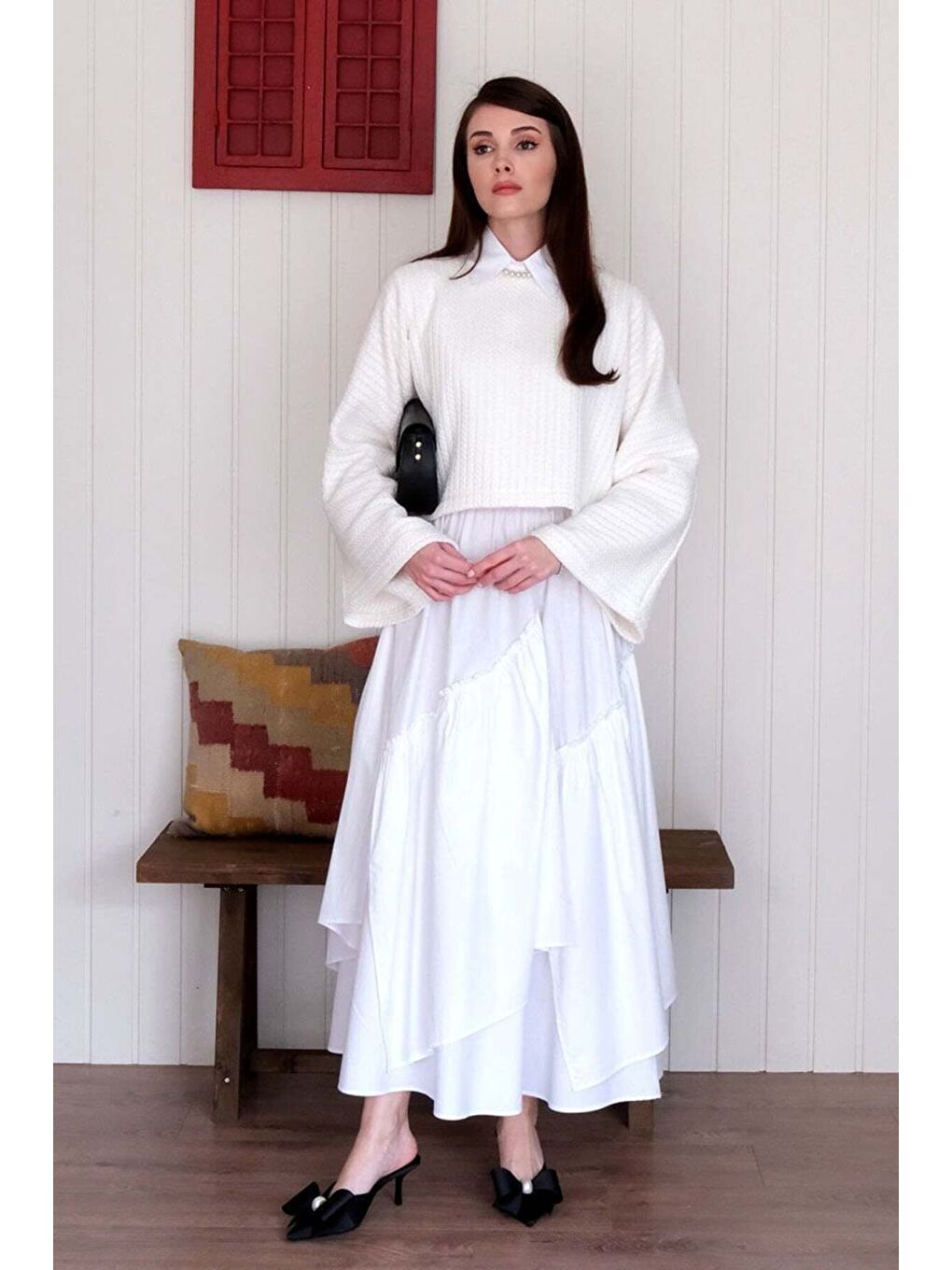 Lila Ekru Yarasa Kol Triko Crop Beyaz Kat Detay Bohem Etek-4