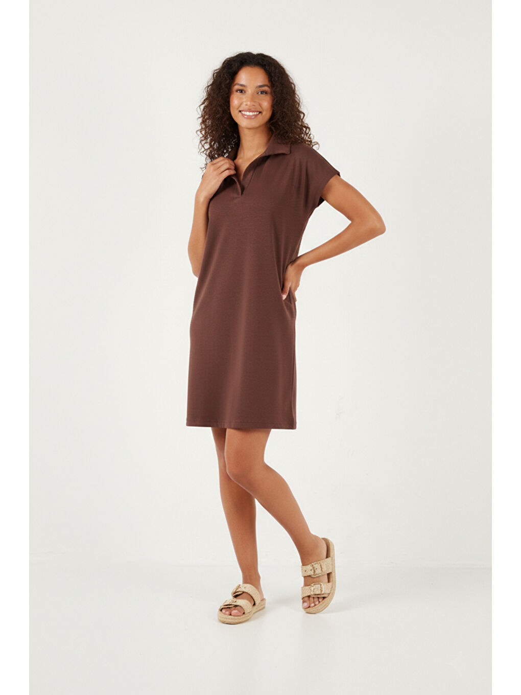 Kahverengi Regular Fit Polo Yaka Mini Kadın Elbise 5866153-1