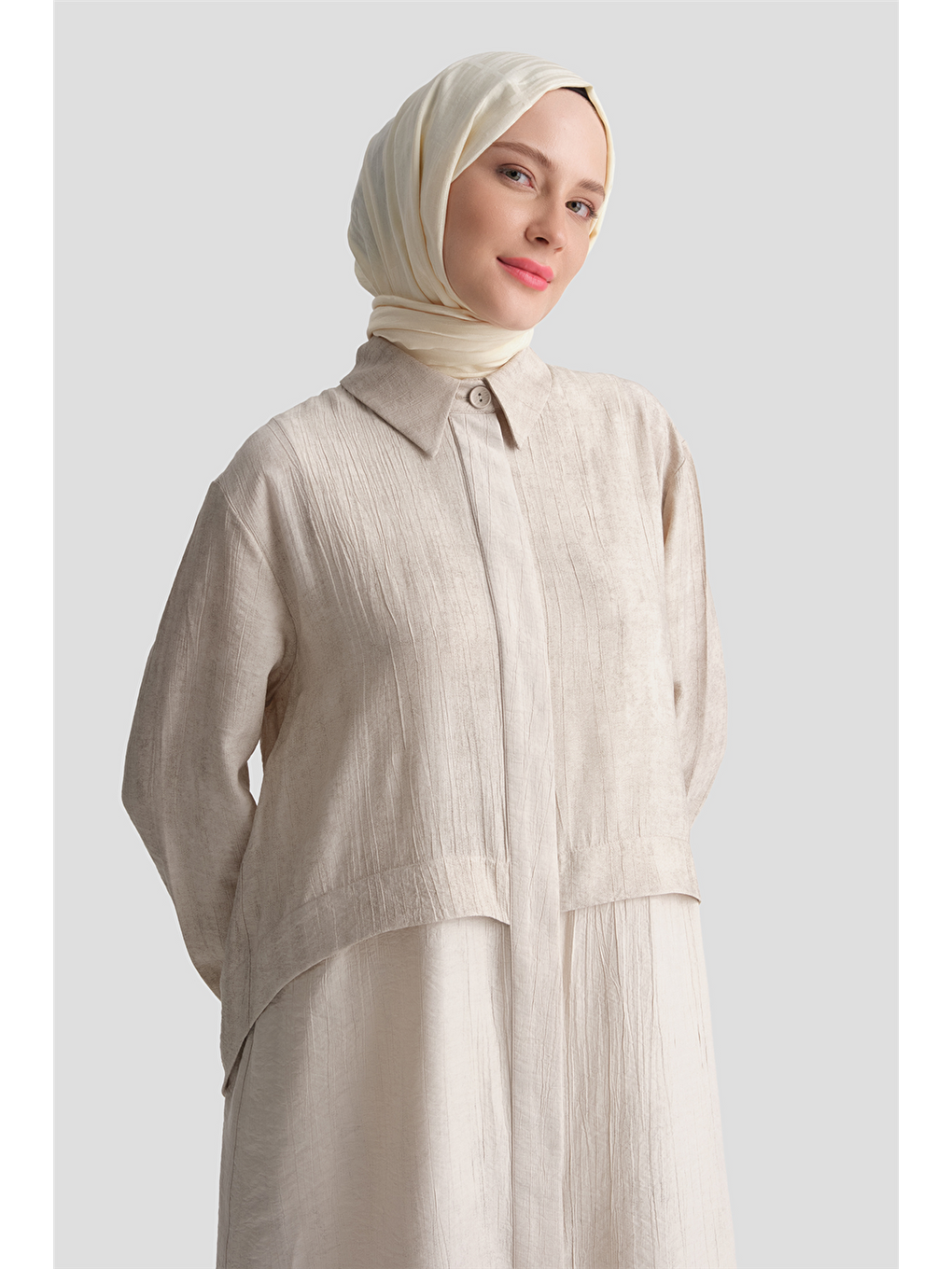 Bej Efektli Kumaş Mixli Tunik Vizon-4