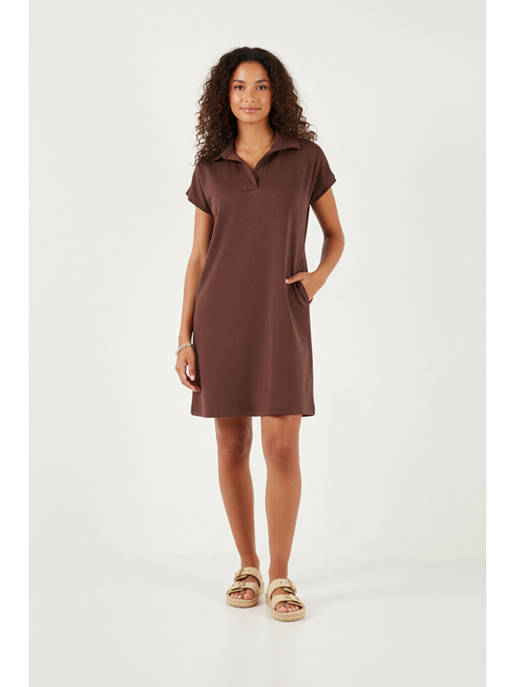 Kahverengi Regular Fit Polo Yaka Mini Kadın Elbise 5866153-2