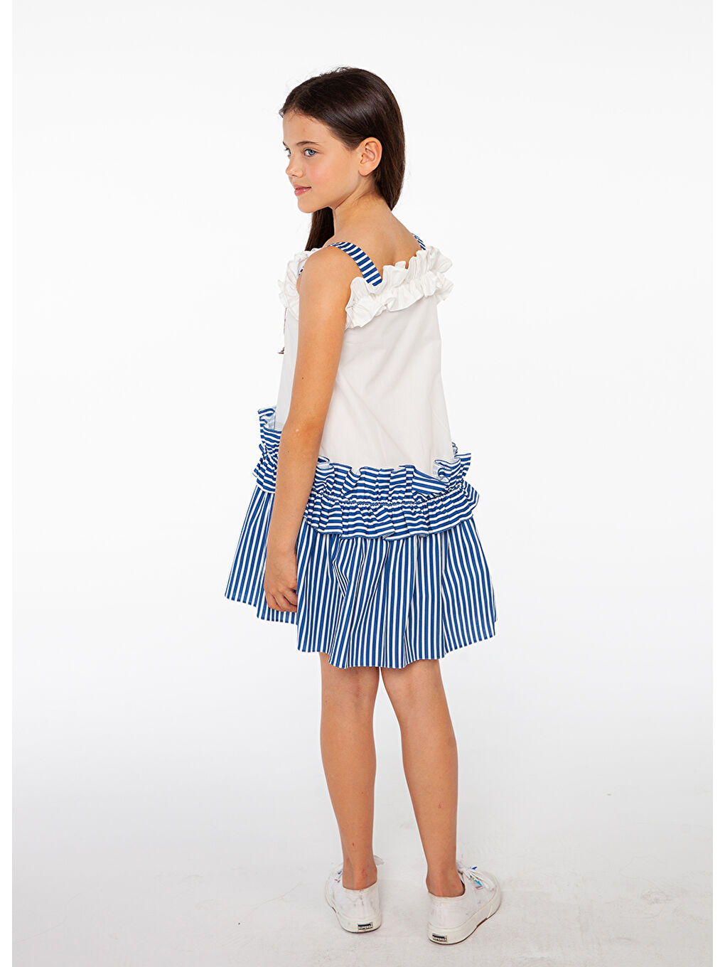 Mavi Askılı Marin Pamuklu Kız Çocuk Elbise-2