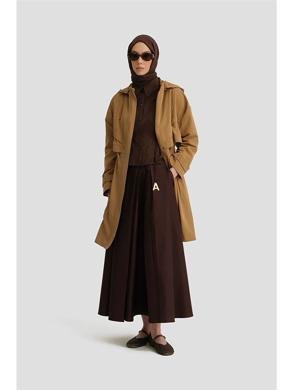 Kahverengi Çift Allerli Seyyar Kapüşonlu Pamuk Kap 24K7511 Camel-1