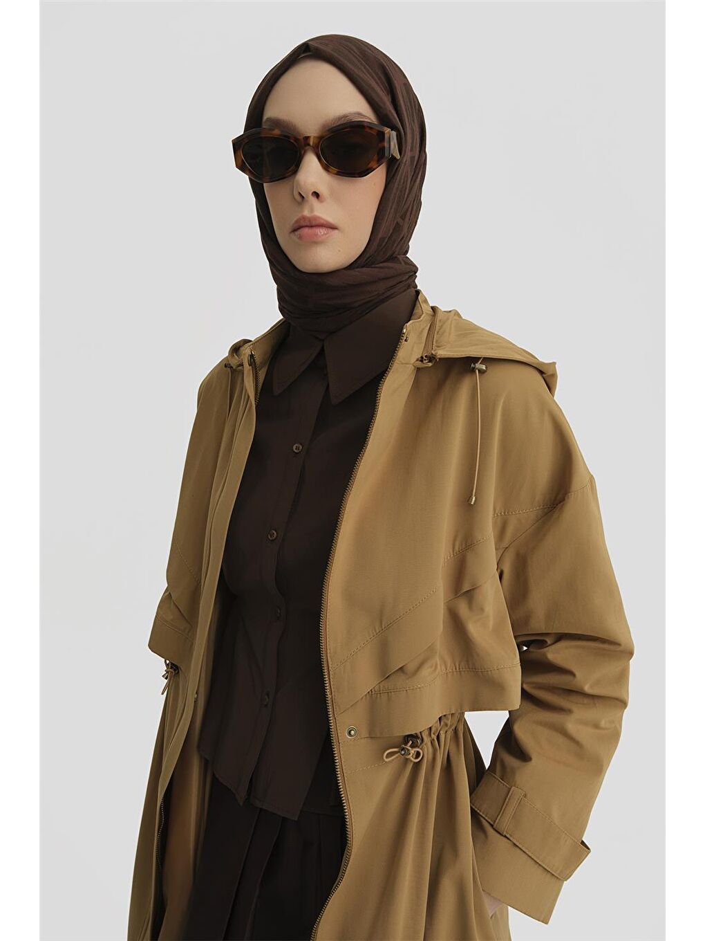 Kahverengi Çift Allerli Seyyar Kapüşonlu Pamuk Kap 24K7511 Camel-2