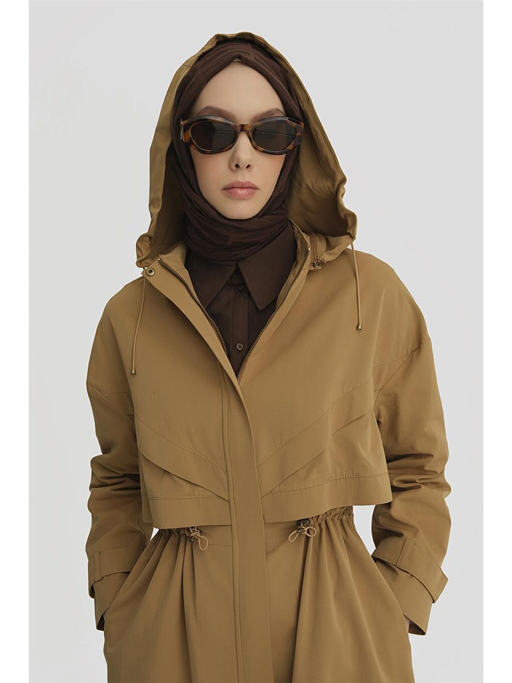 Kahverengi Çift Allerli Seyyar Kapüşonlu Pamuk Kap 24K7511 Camel-3