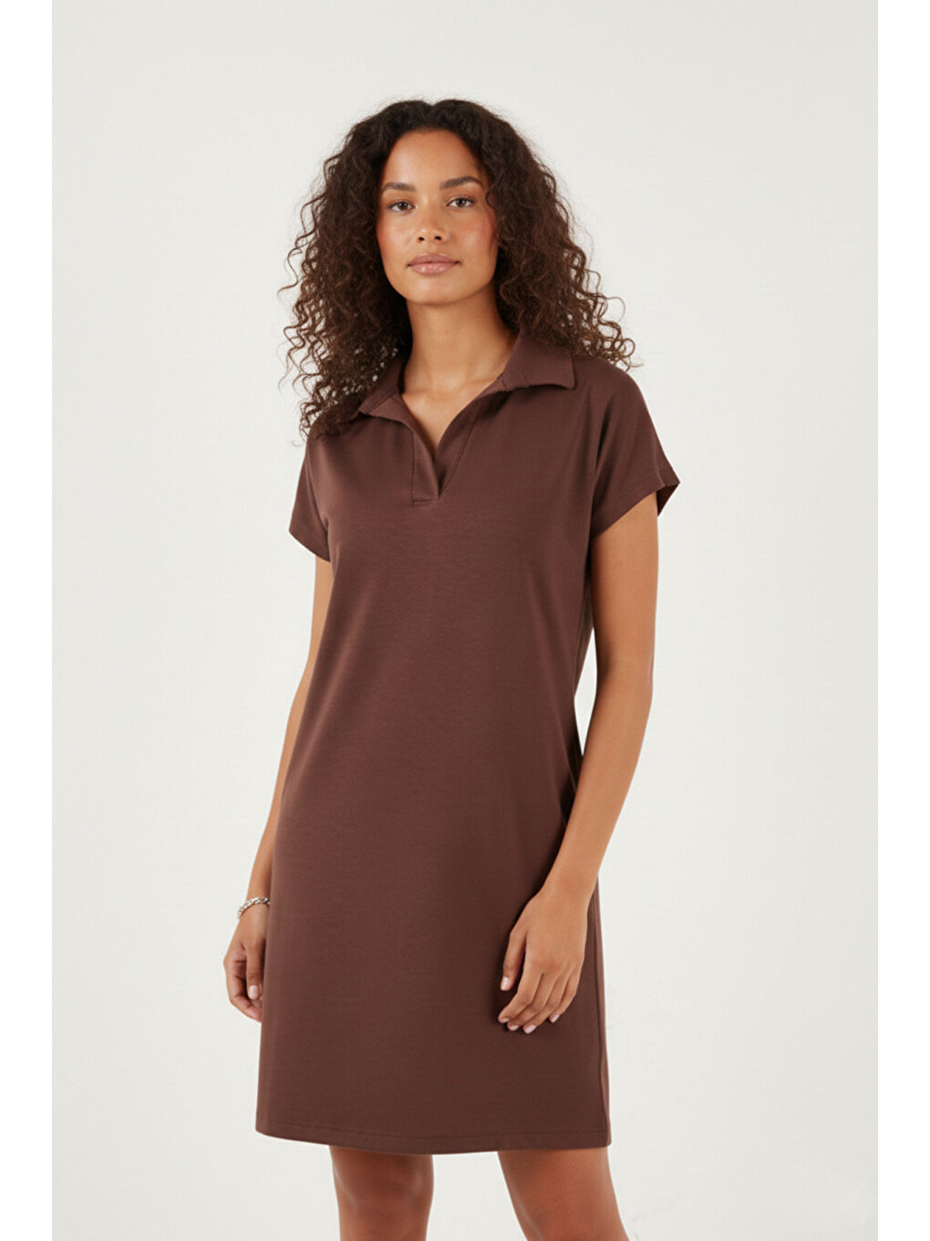 Kahverengi Regular Fit Polo Yaka Mini Kadın Elbise 5866153-4