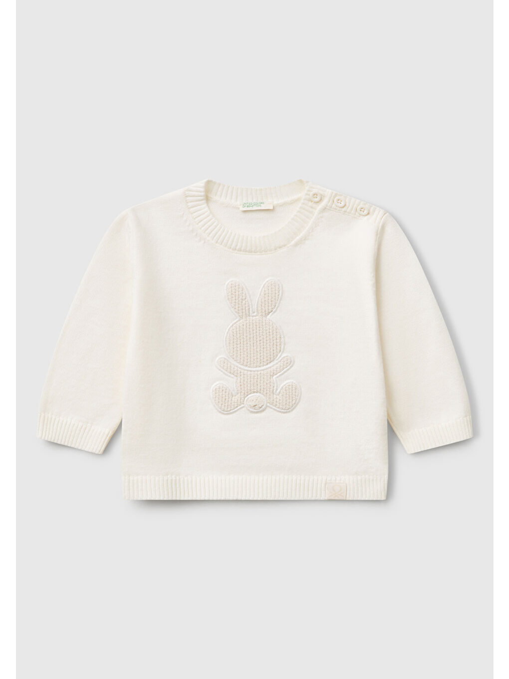 United Colors Of Benetton Bebek Beyaz Tavşan İşlemeli Logo Detaylı Bisiklet Yaka Kazak
