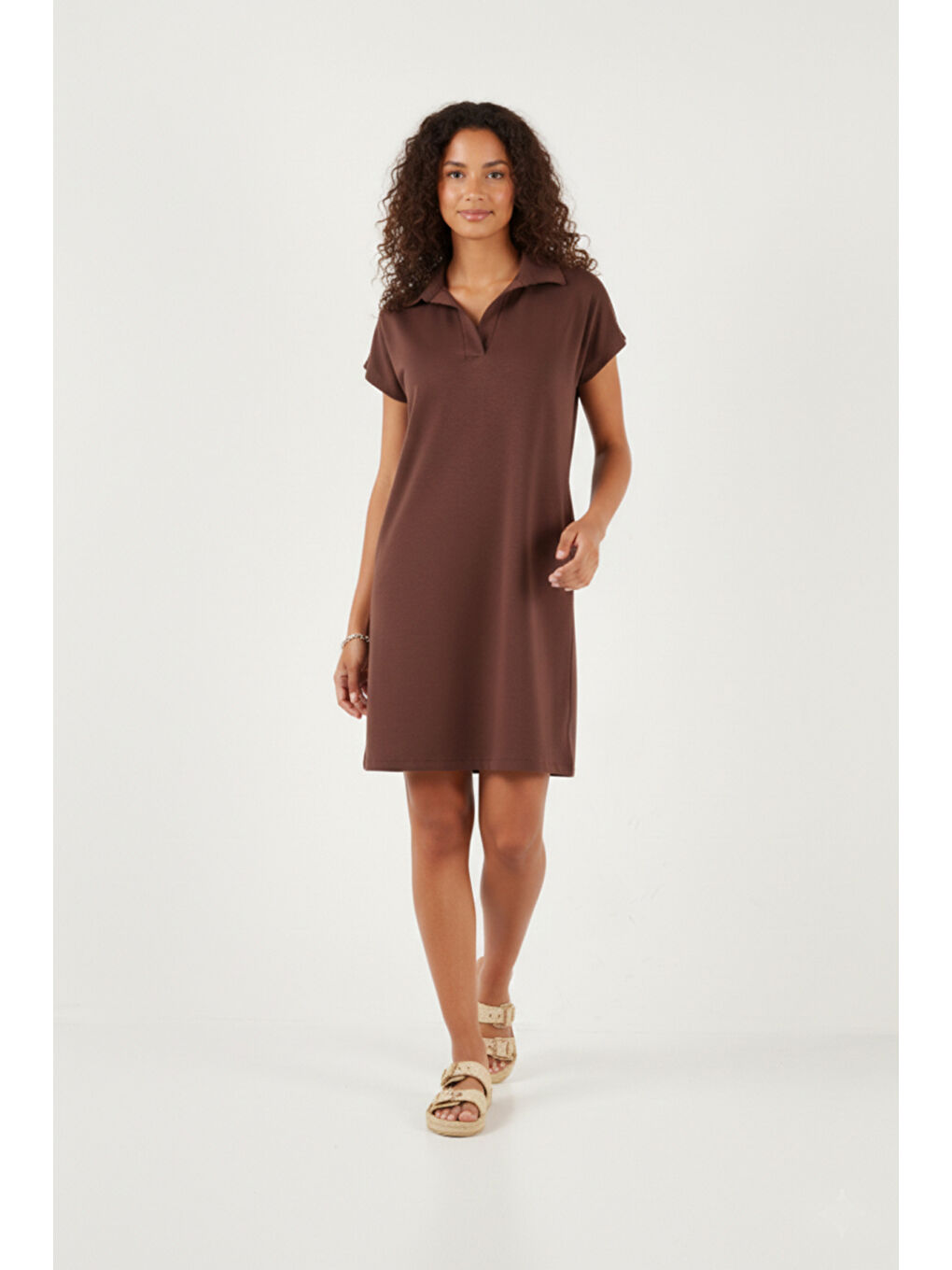 Kahverengi Regular Fit Polo Yaka Mini Kadın Elbise 5866153-5