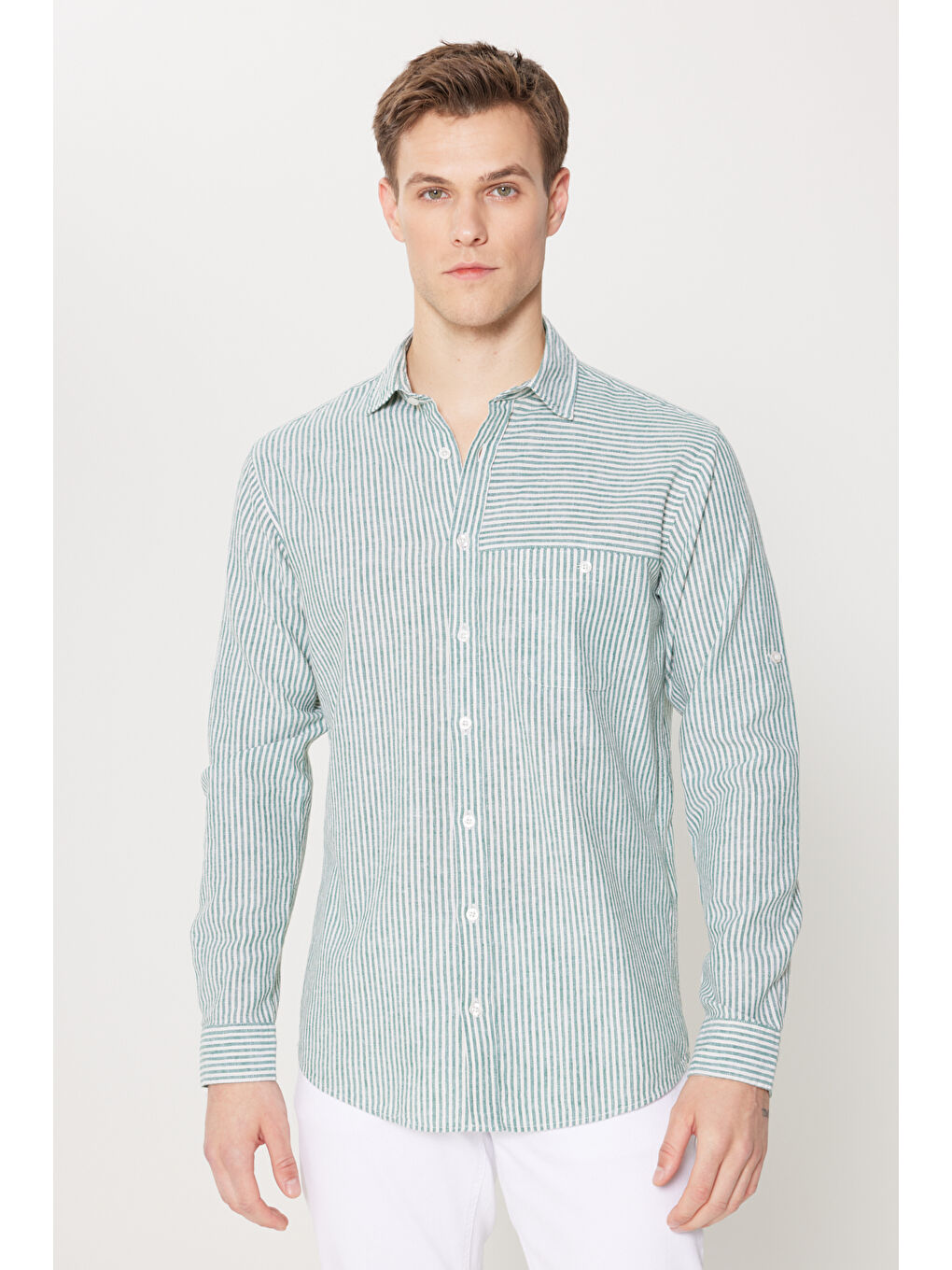 Lila Erkek Yeşil-Ekru Keten Comfort Fit Rahat Kesim Klasik Yaka Çizgili Gömlek