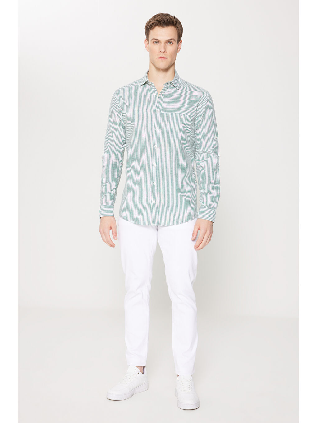 Lila Erkek Yeşil-Ekru Keten Comfort Fit Rahat Kesim Klasik Yaka Çizgili Gömlek-1