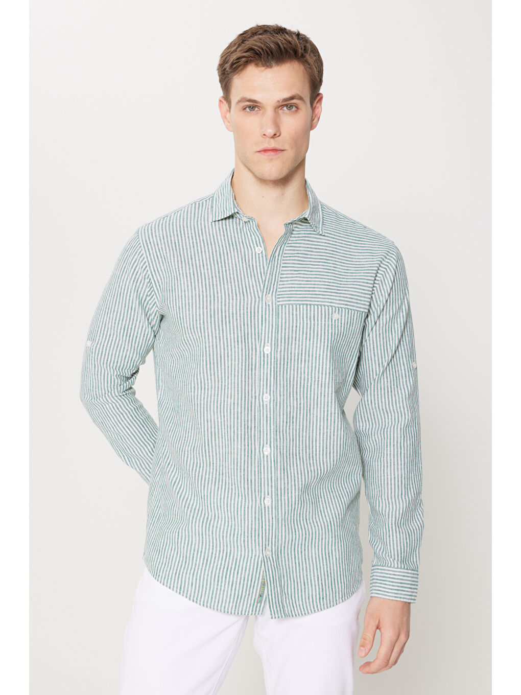 Lila Erkek Yeşil-Ekru Keten Comfort Fit Rahat Kesim Klasik Yaka Çizgili Gömlek-3