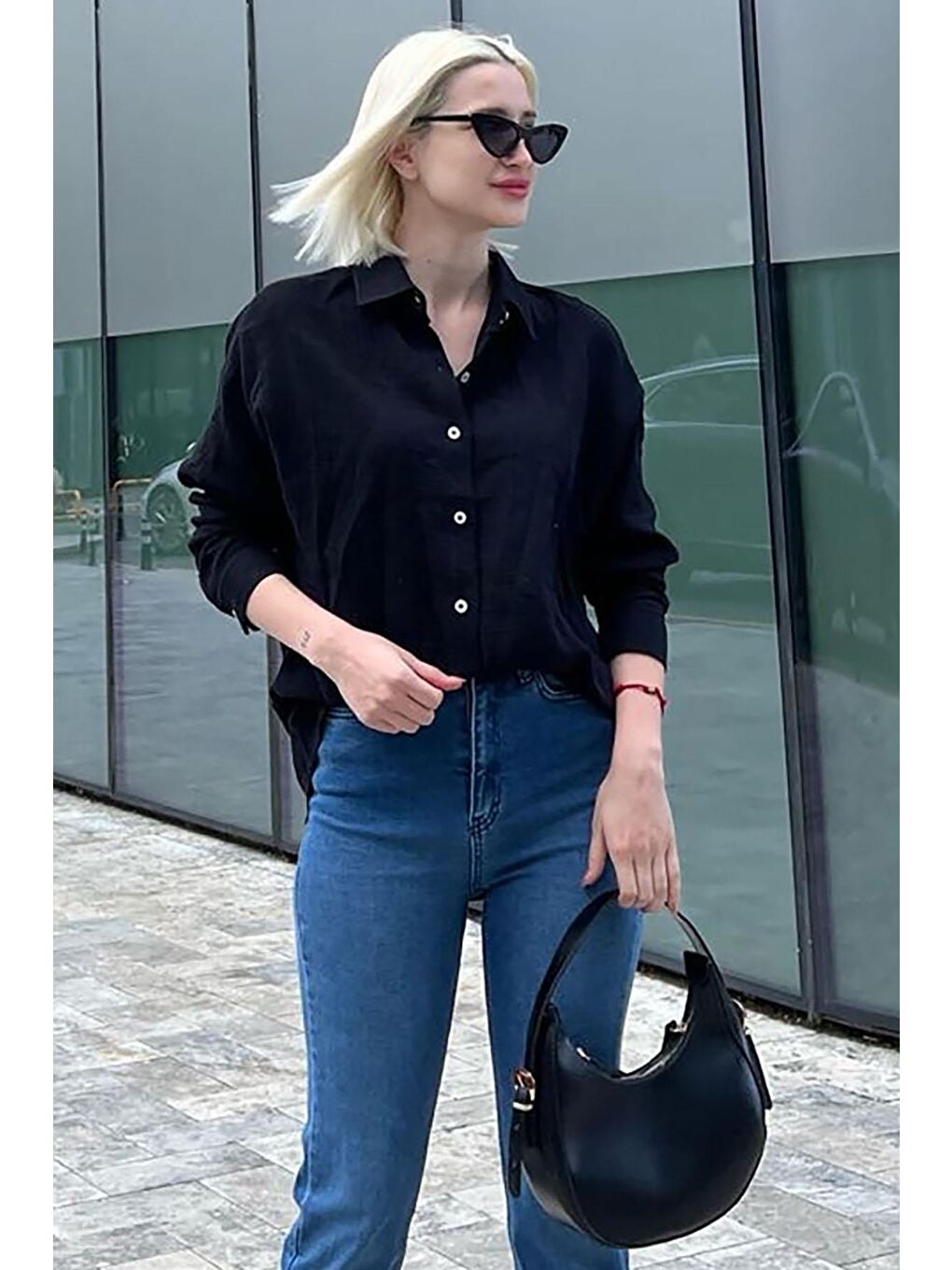 Siyah Muslin Kumaş Basic Kadın Gömlek Mg1660-1