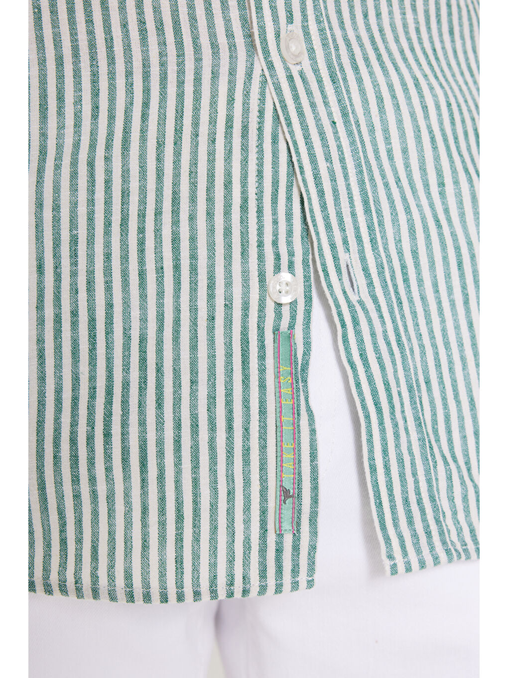 Lila Erkek Yeşil-Ekru Keten Comfort Fit Rahat Kesim Klasik Yaka Çizgili Gömlek-5