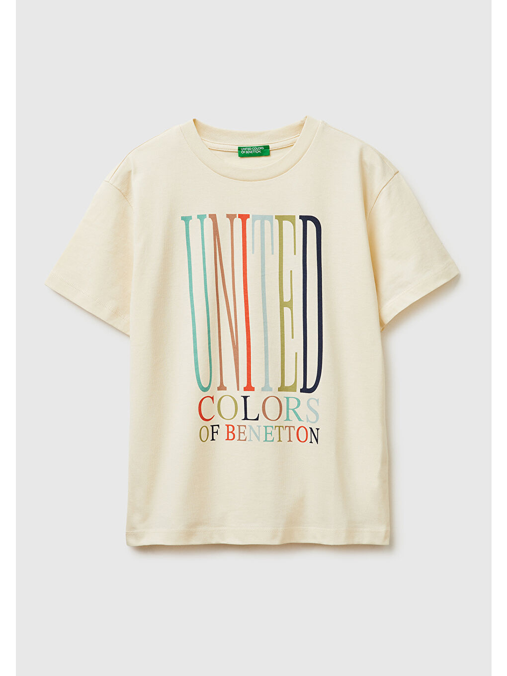 Ekru Erkek Çocuk Krem Önü Logo Baskılı Bisiklet Yaka T-Shirt