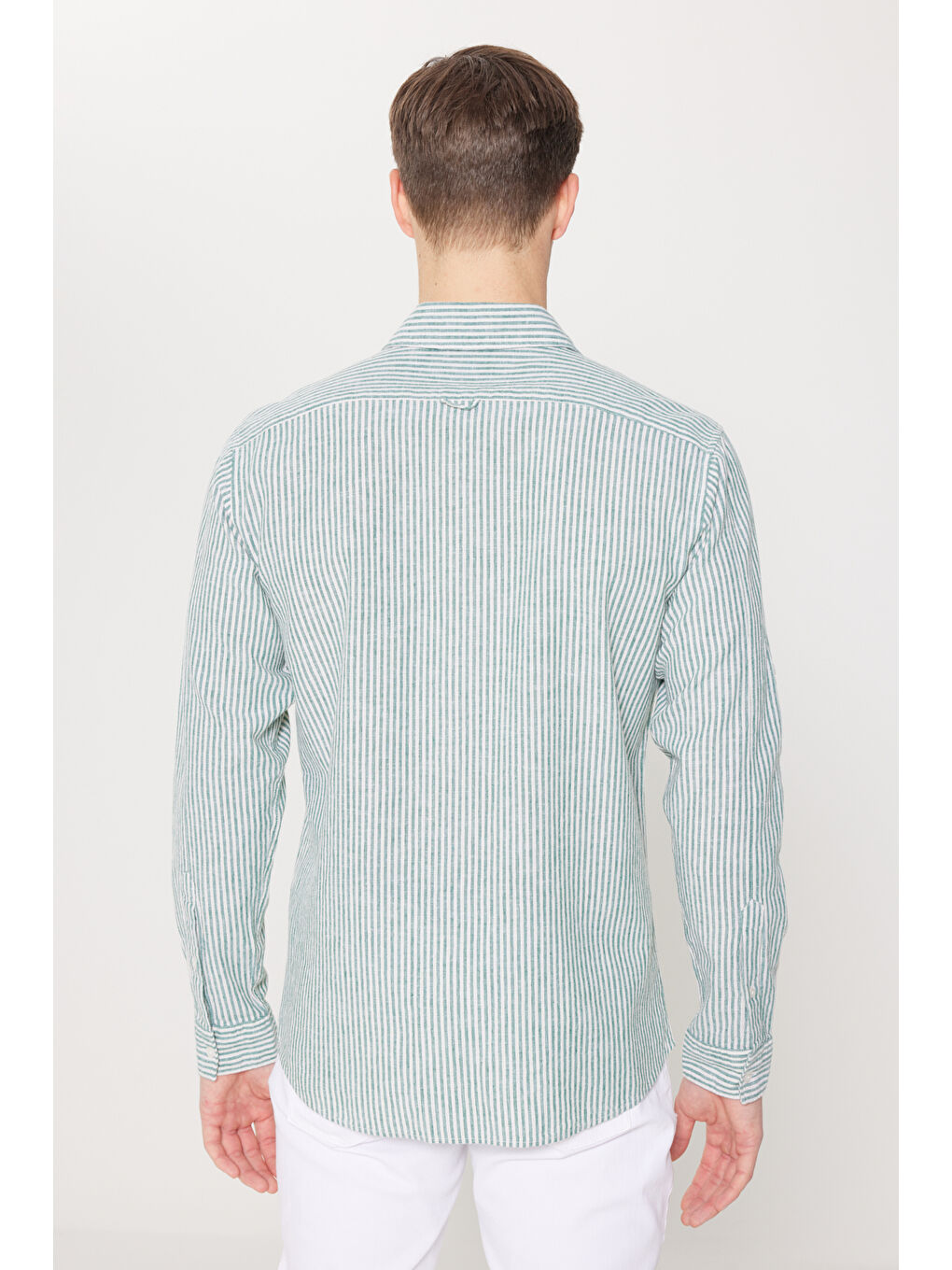 Lila Erkek Yeşil-Ekru Keten Comfort Fit Rahat Kesim Klasik Yaka Çizgili Gömlek-6
