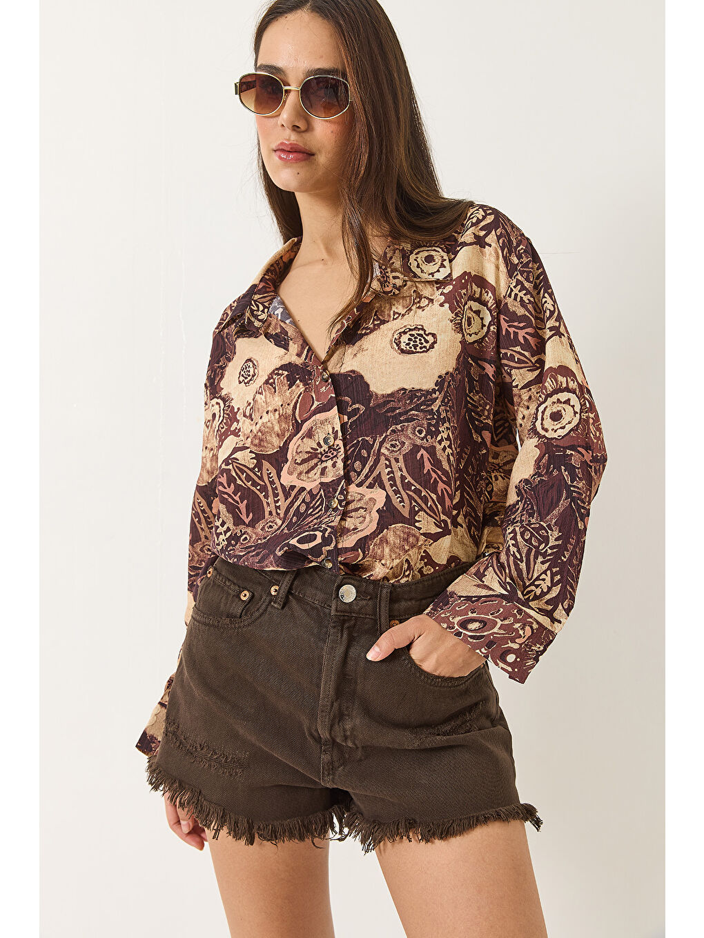 Kahverengi Kadın Desenli Oversize Vintage Gömlek-2