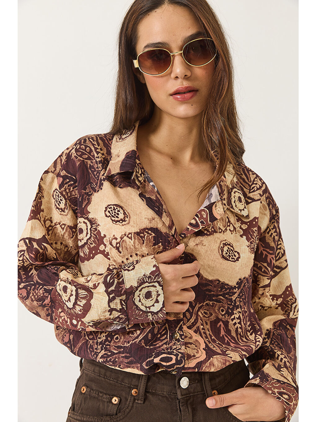 Kahverengi Kadın Desenli Oversize Vintage Gömlek-4