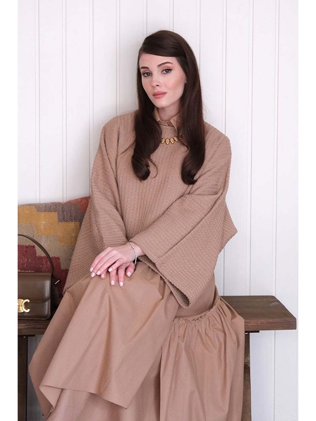 Bej Karamel Yarasa Kol Triko Crop Karamel Kat Detay Bohem Etek-2