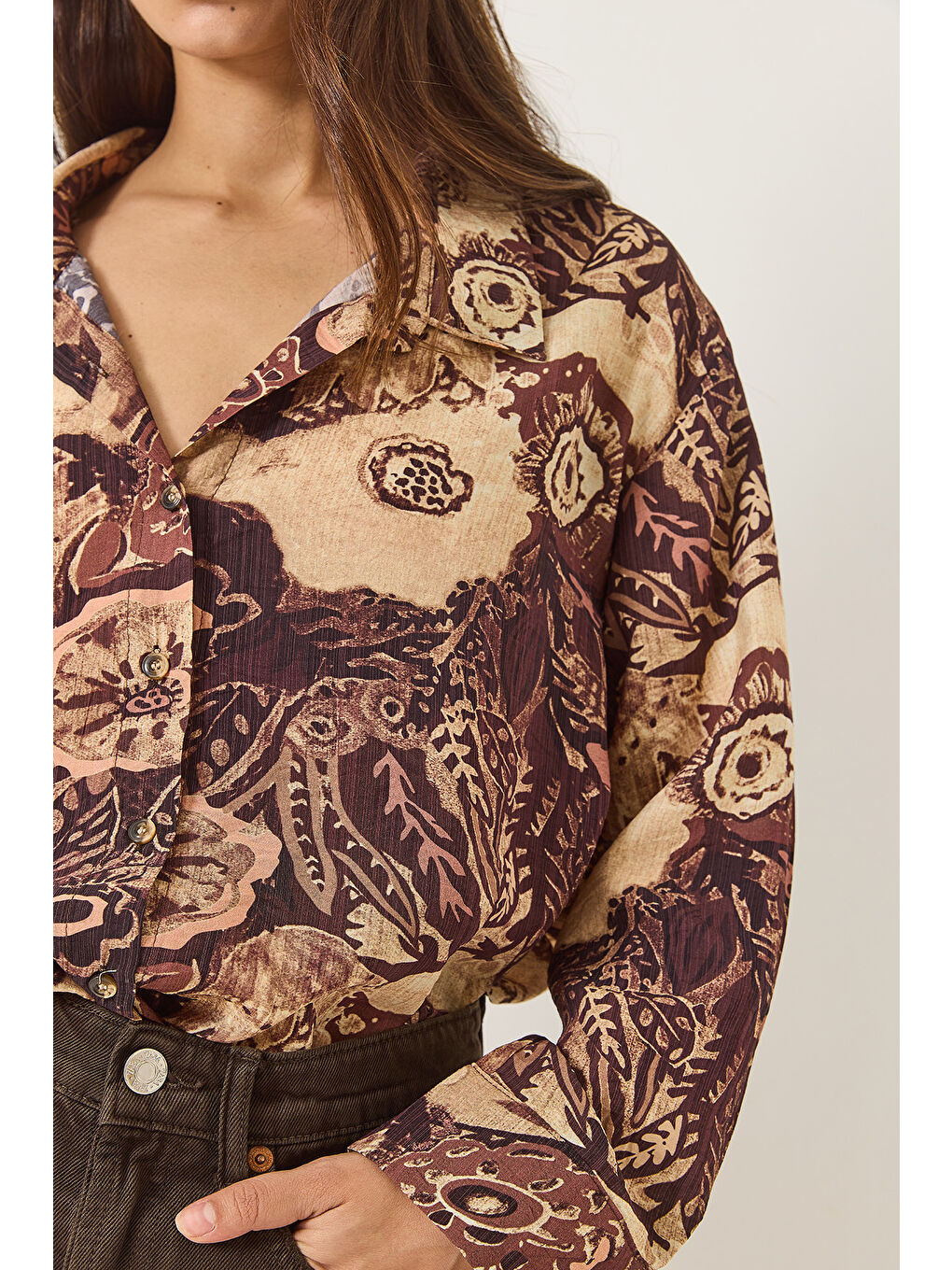 Kahverengi Kadın Desenli Oversize Vintage Gömlek-5