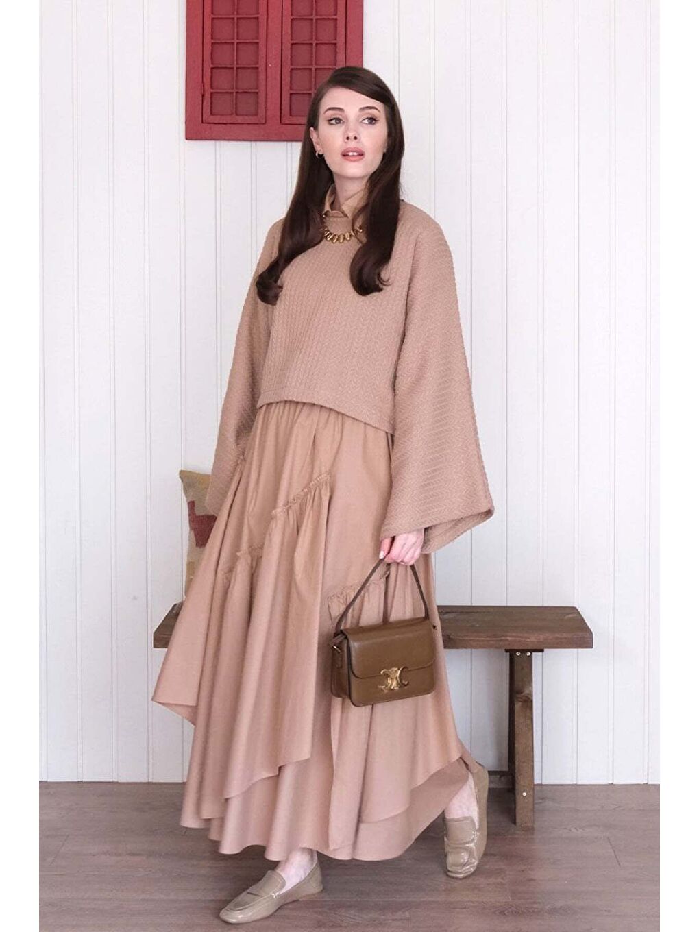 Bej Karamel Yarasa Kol Triko Crop Karamel Kat Detay Bohem Etek-3