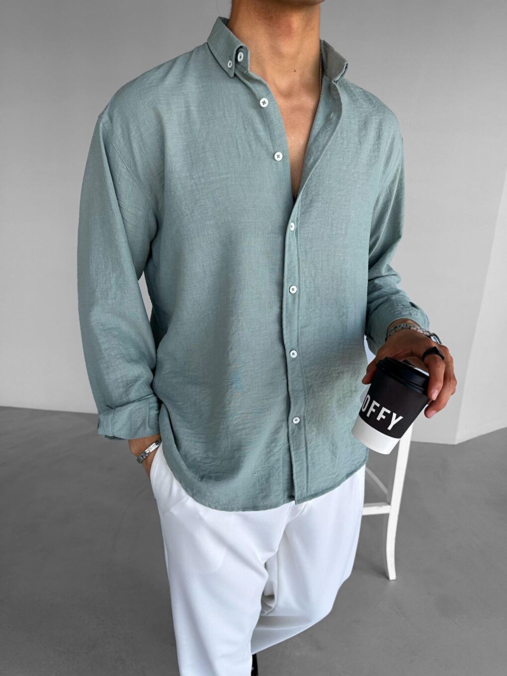 Beyaz Erkek Oversize Basic Rahat Gömlek Mint
