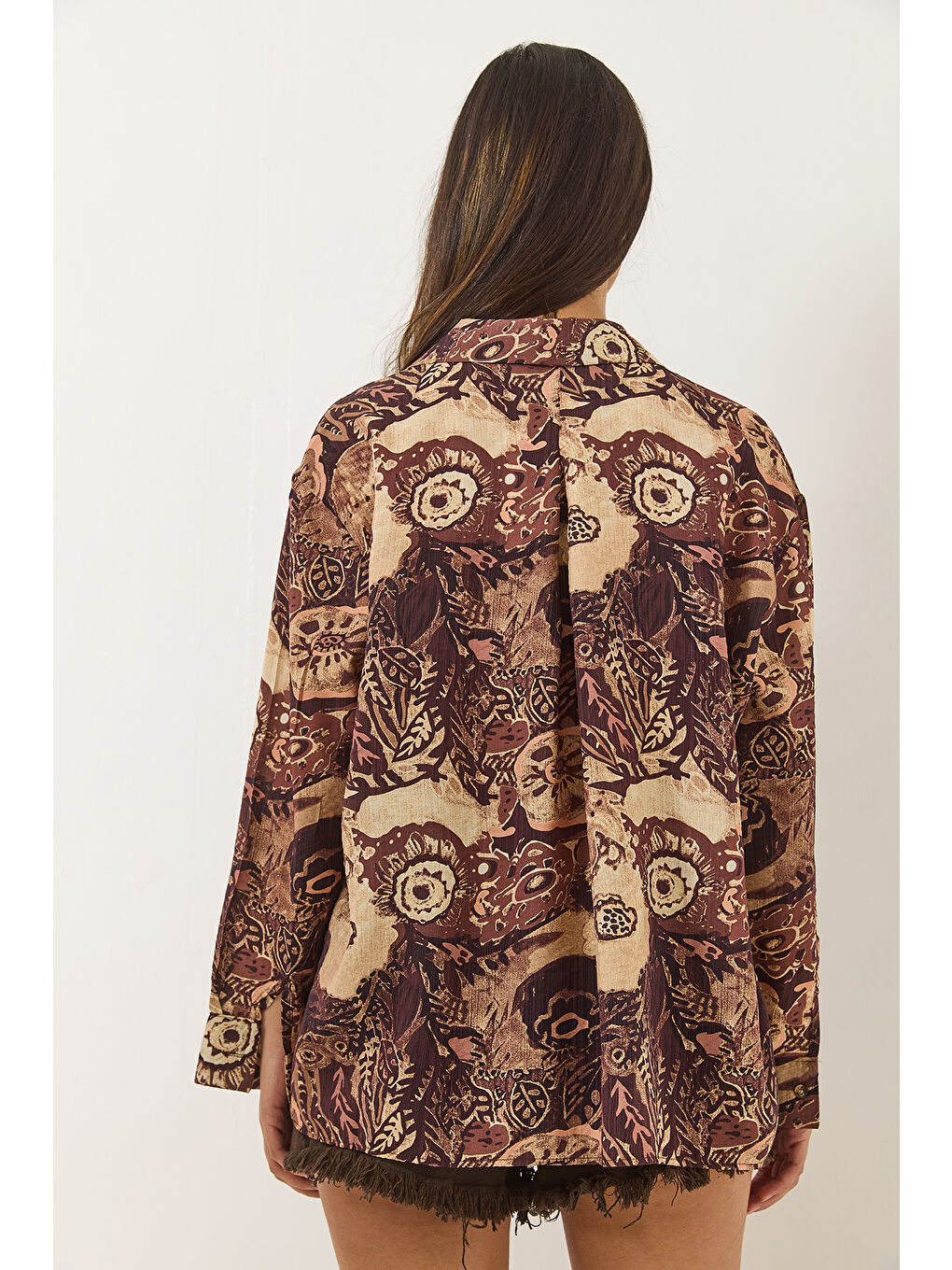 Kahverengi Kadın Desenli Oversize Vintage Gömlek-6